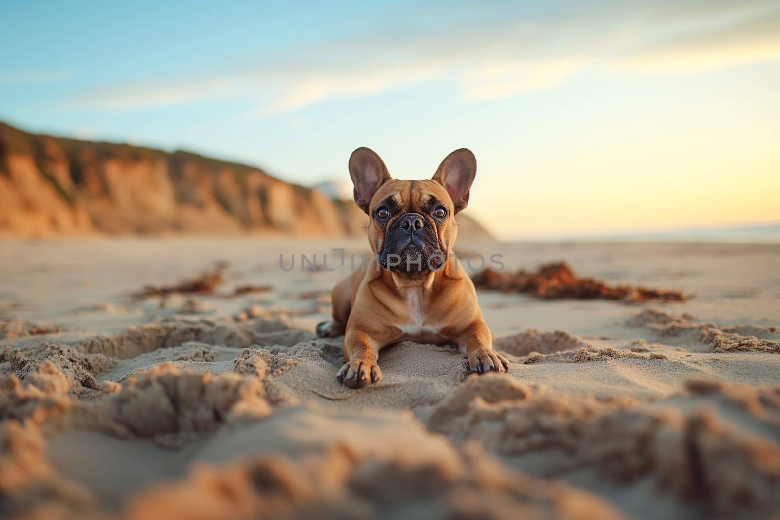 A French Bulldog relaxing on the beach during sunset