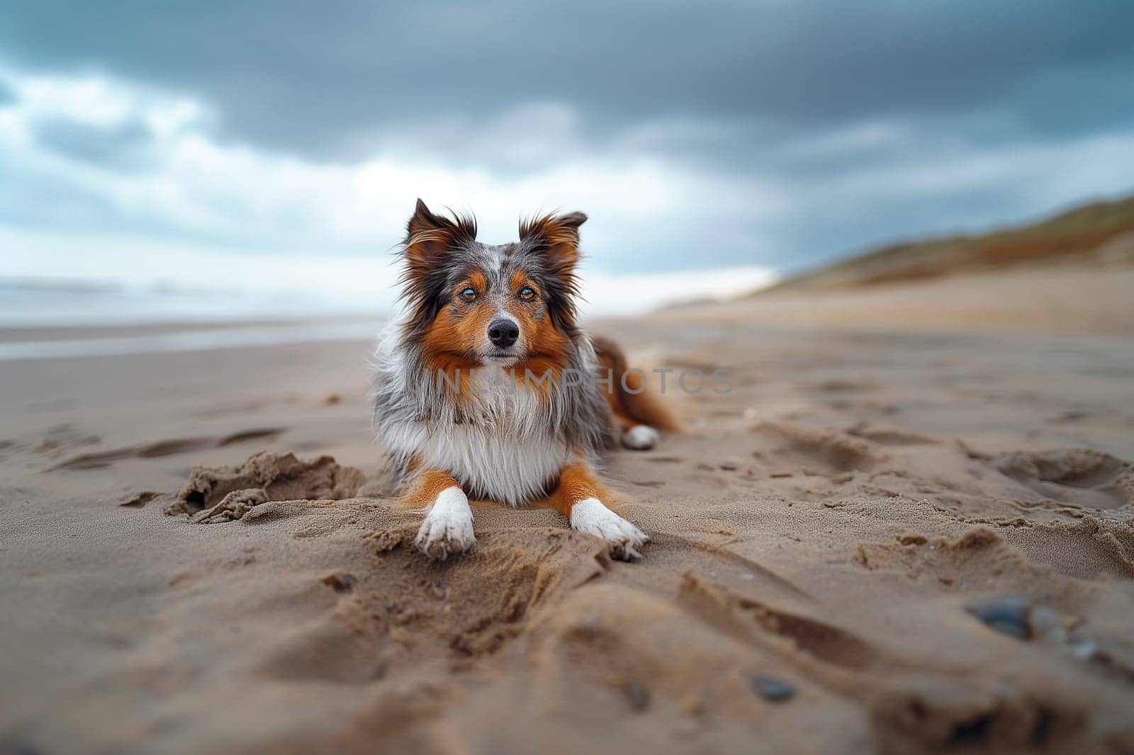 A happy dog relaxing on the beach during sunset