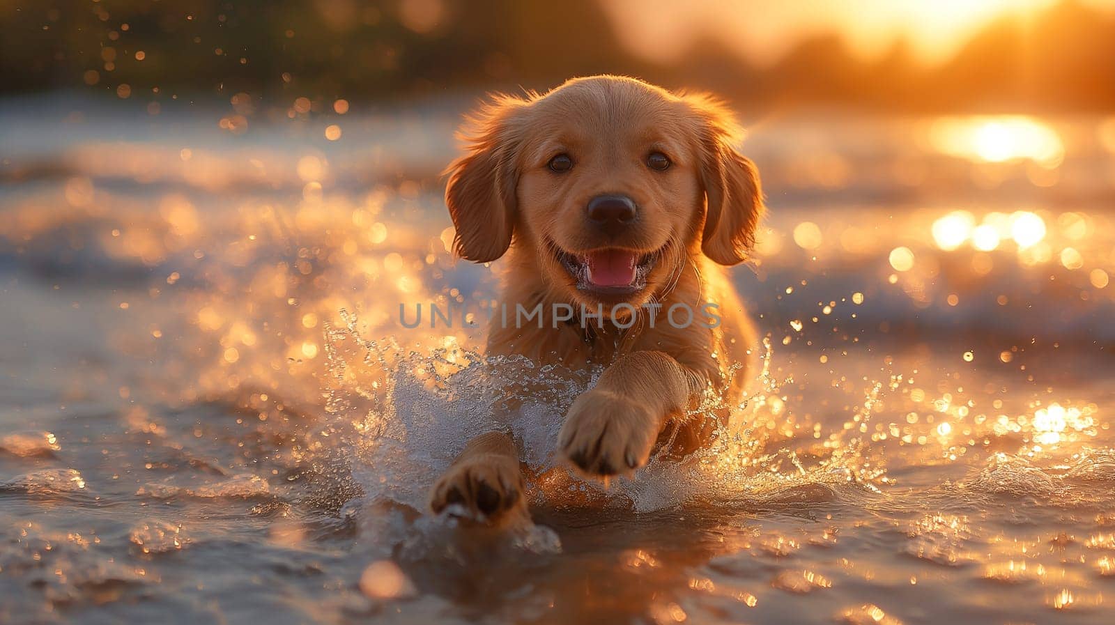 Happy dog swimming in the sea at the beach