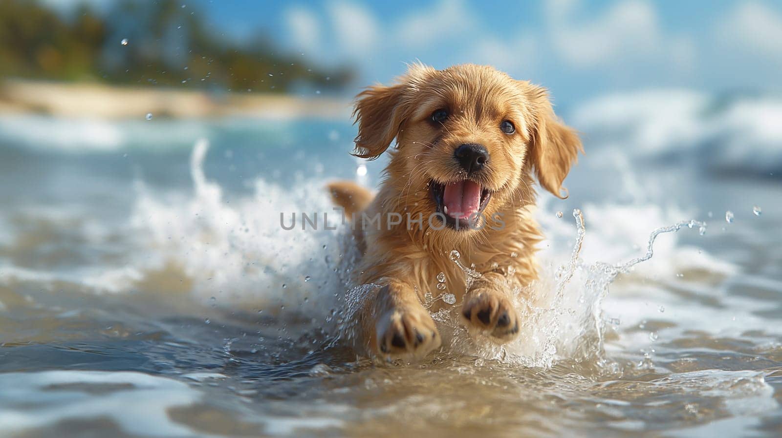 Happy dog swimming in the sea at the beach