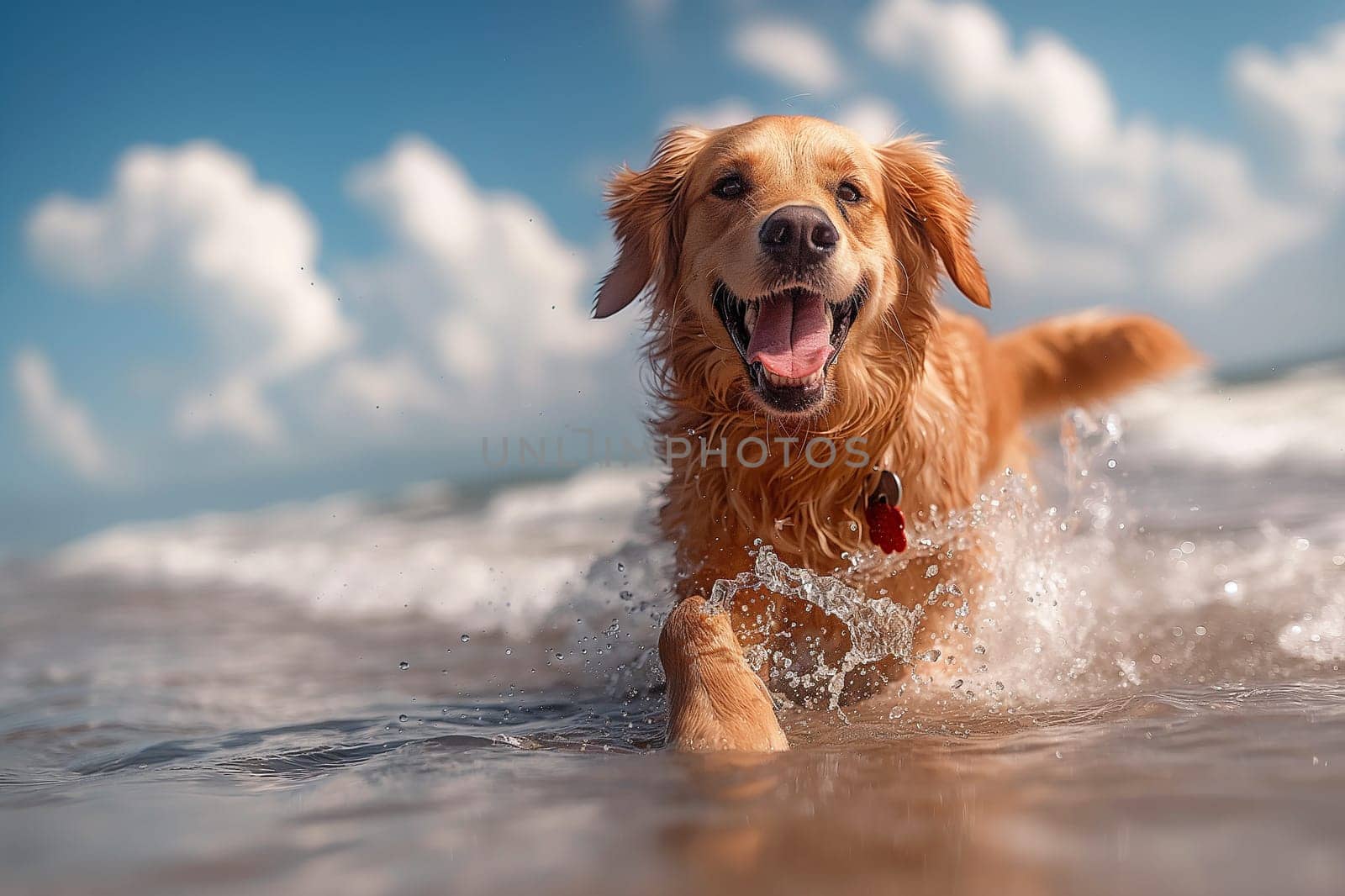 Happy dog swimming in the sea at the beach