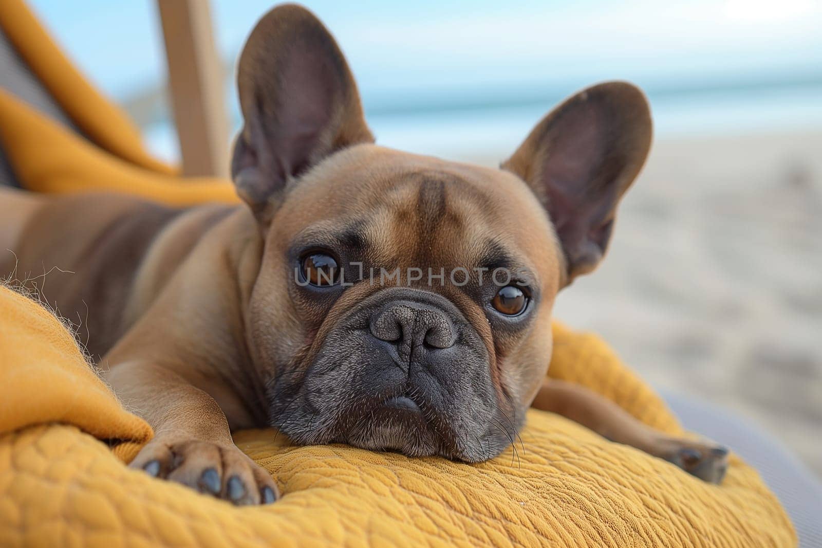 A French Bulldog relaxing on the beach during sunset