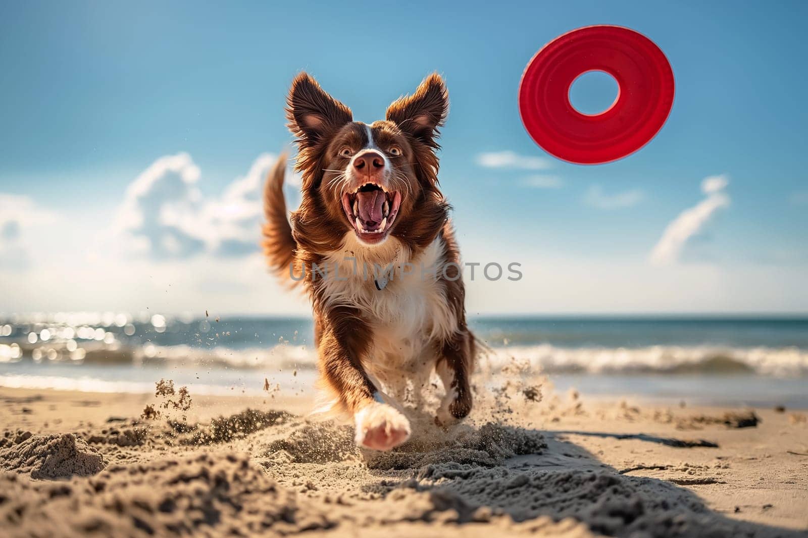 Happy dog jump playing with a frisbee at the beach