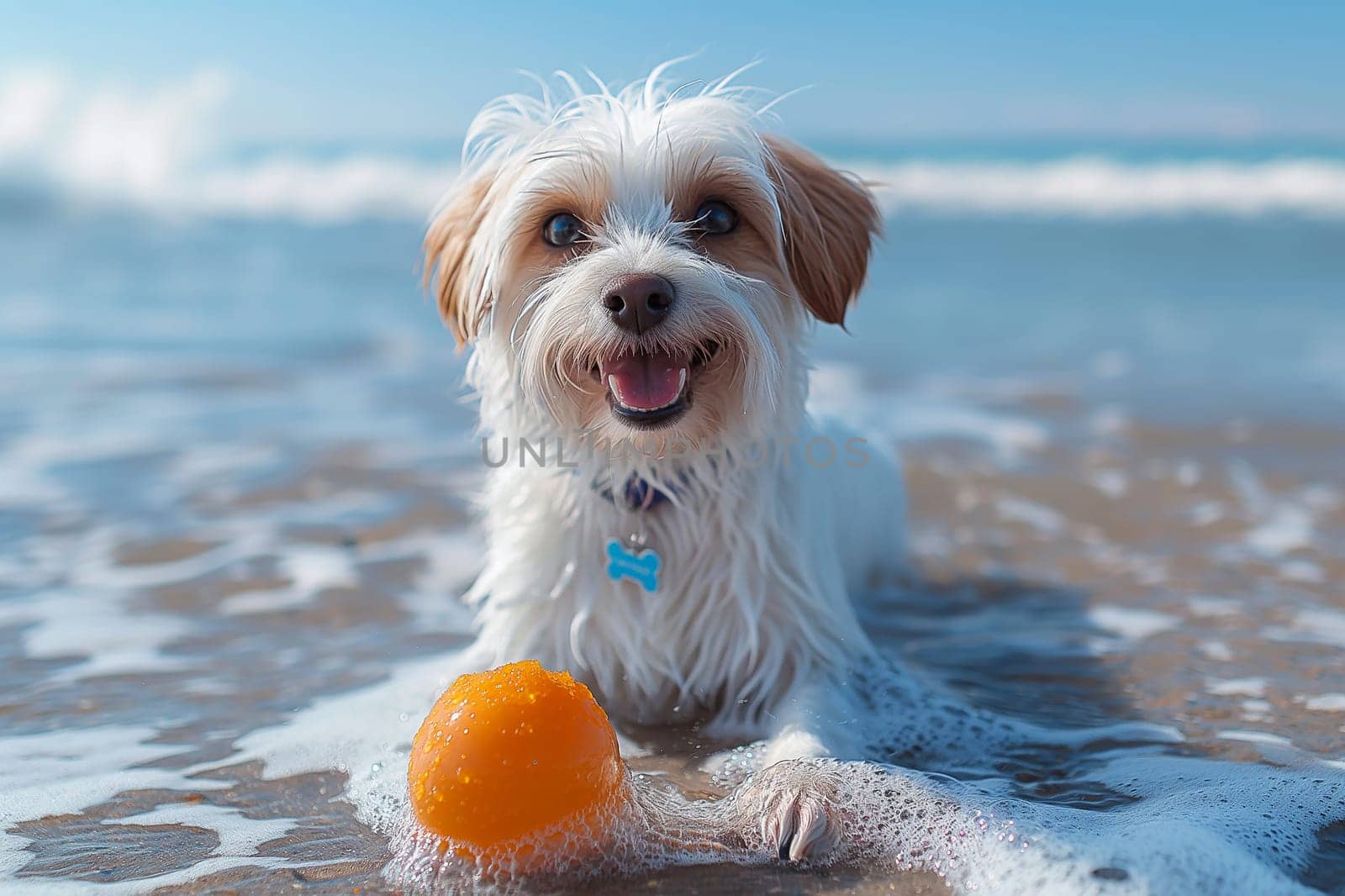 Happy dog swimming in the sea at the beach with a ball