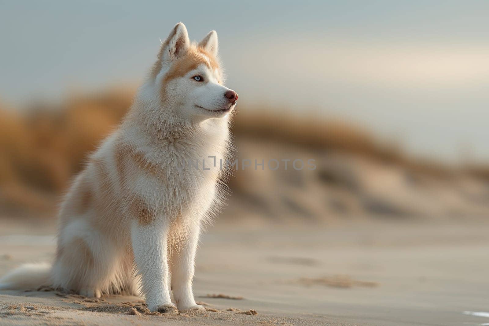 Happy husky on the beach on holiday in a sunny day