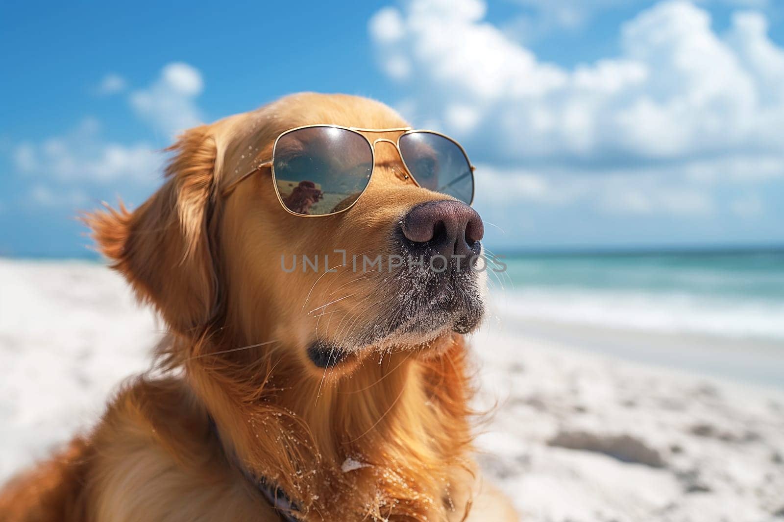 Happy golden retriever with sunglasses on the beach