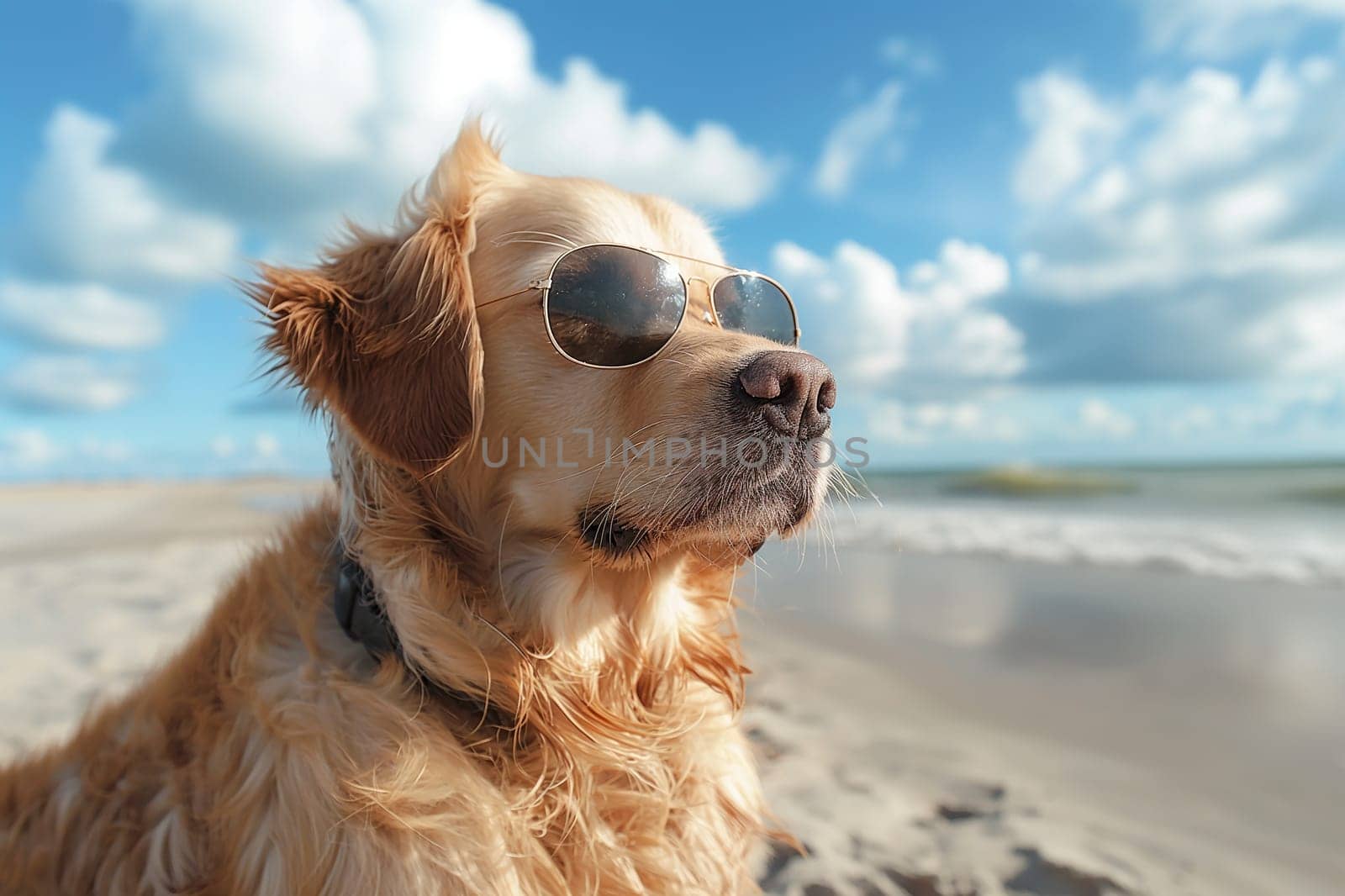 Happy golden retriever with sunglasses on the beach by Hype2art