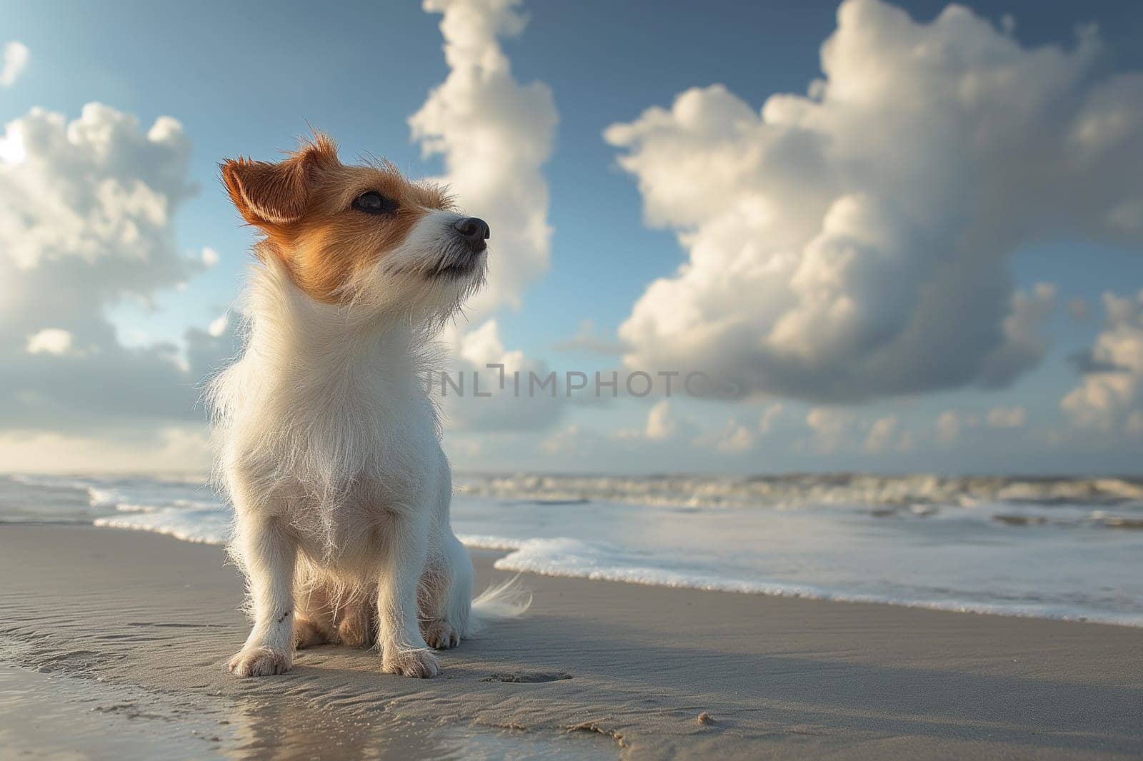 Happy dog enjoying a sunset on the beach by Hype2art