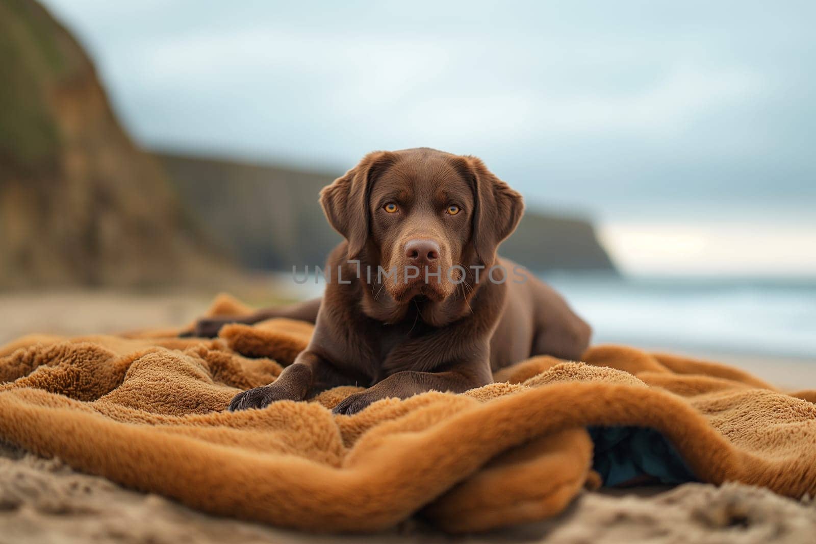 Happy dog enjoying a sunset on the beach by Hype2art