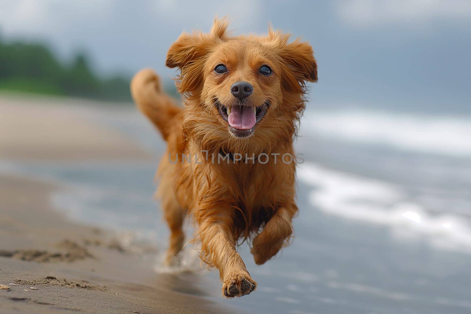 Happy golden retriever running on the beach on a sunny day on holiday