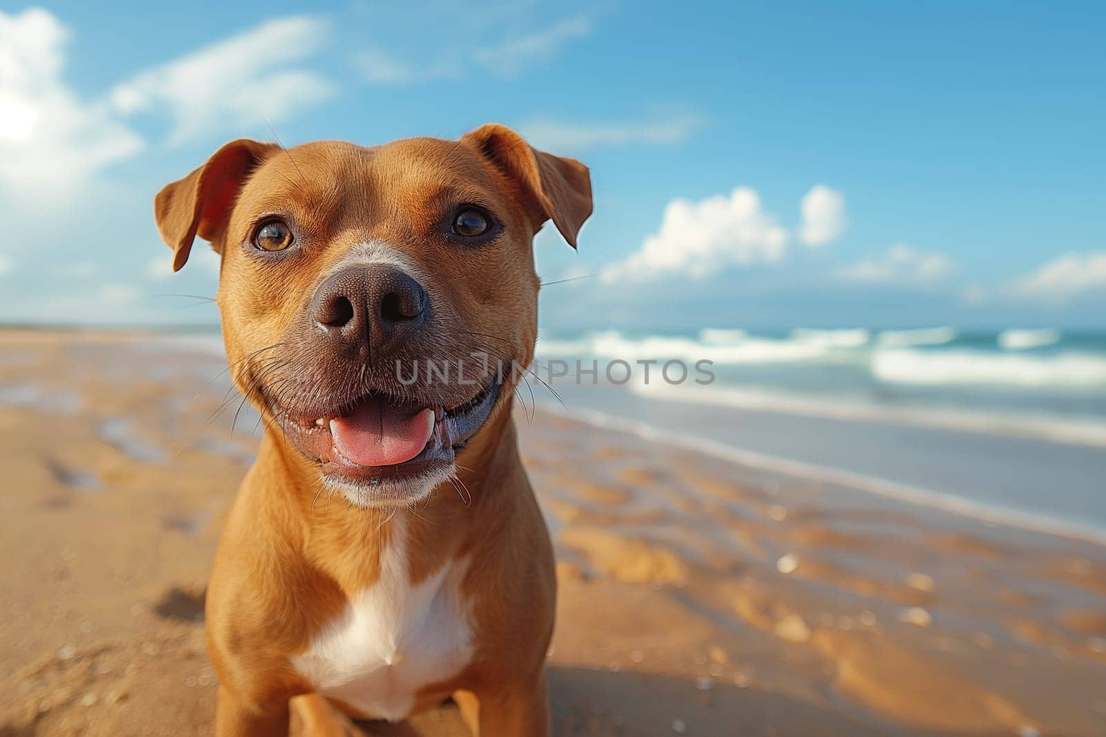 A pitbull relaxing on the beach during sunset by Hype2art