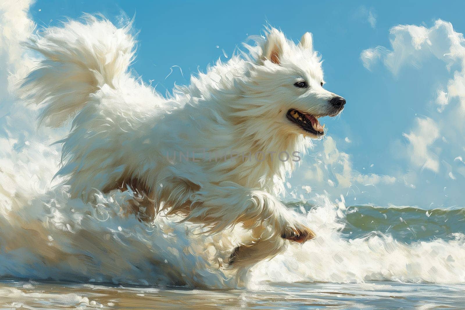 A samoyed relaxing on the beach on a sunny day