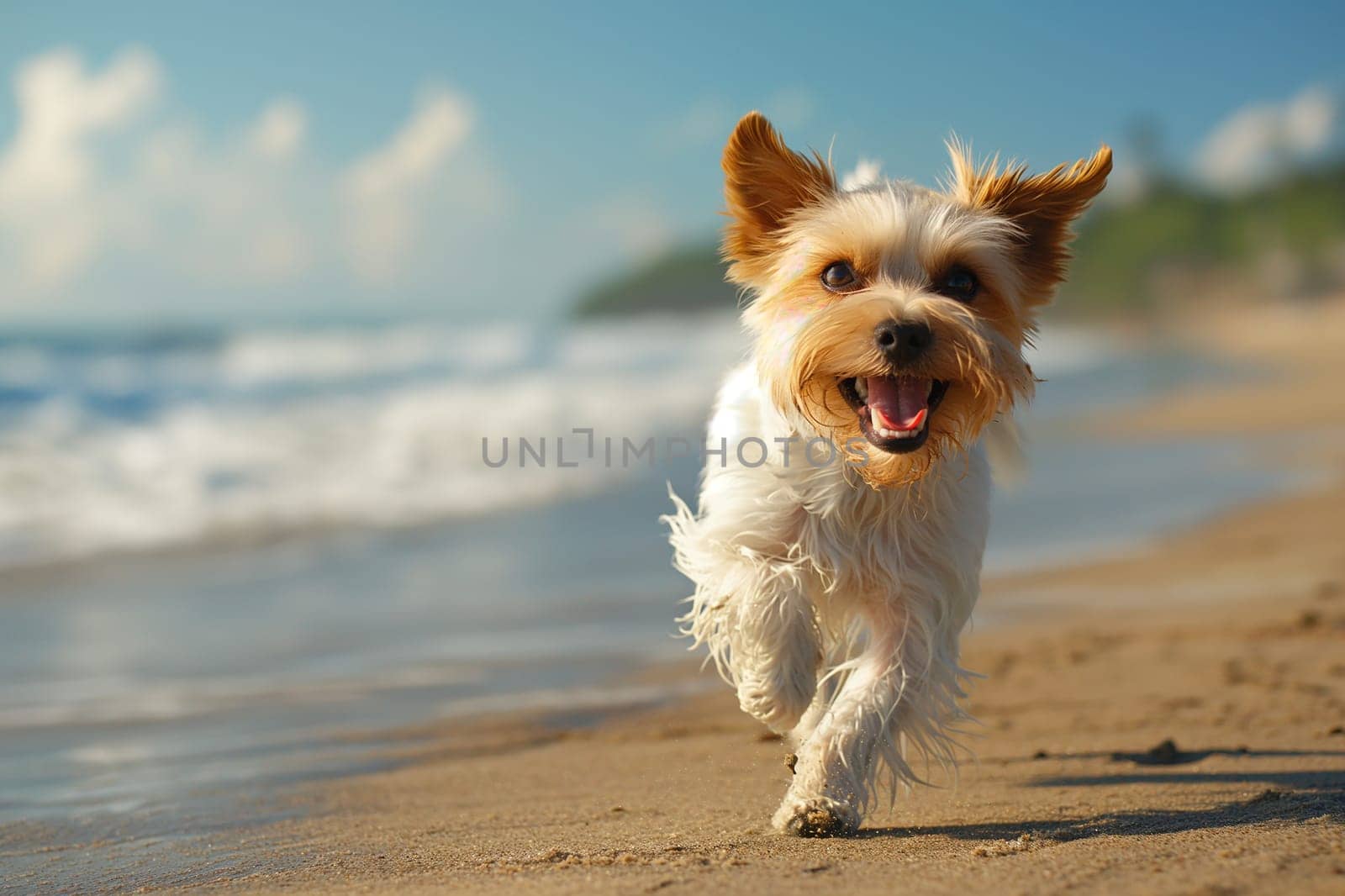 Happy dog enjoying the beach at summer