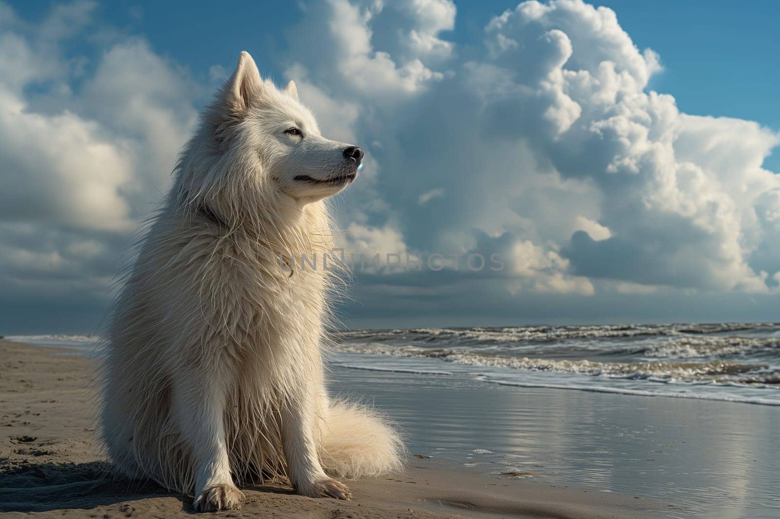A samoyed relaxing on the beach on a sunny day