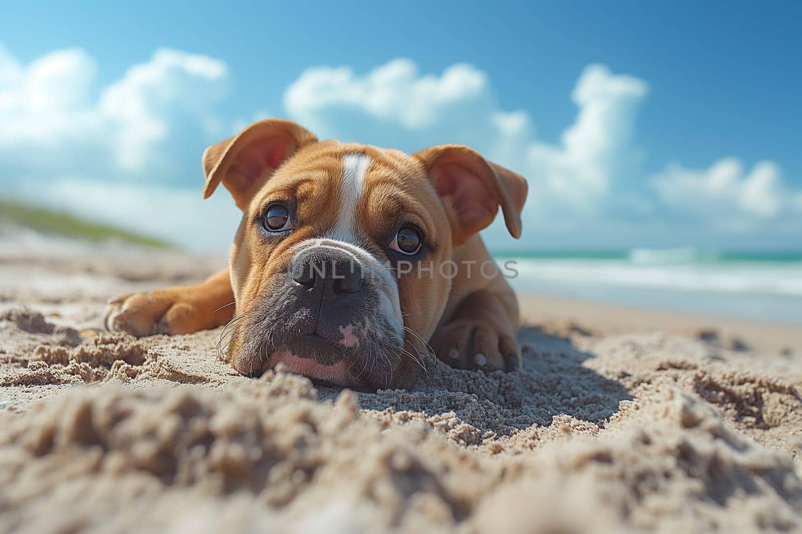 A French Bulldog relaxing on the beach during sunset by Hype2art