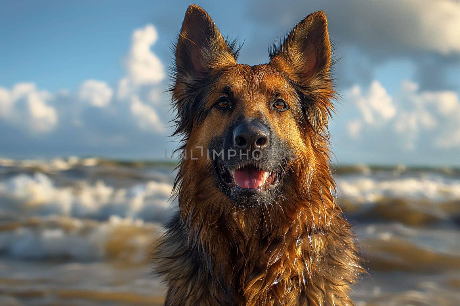 A German shepherd relaxing on the beach during sunset