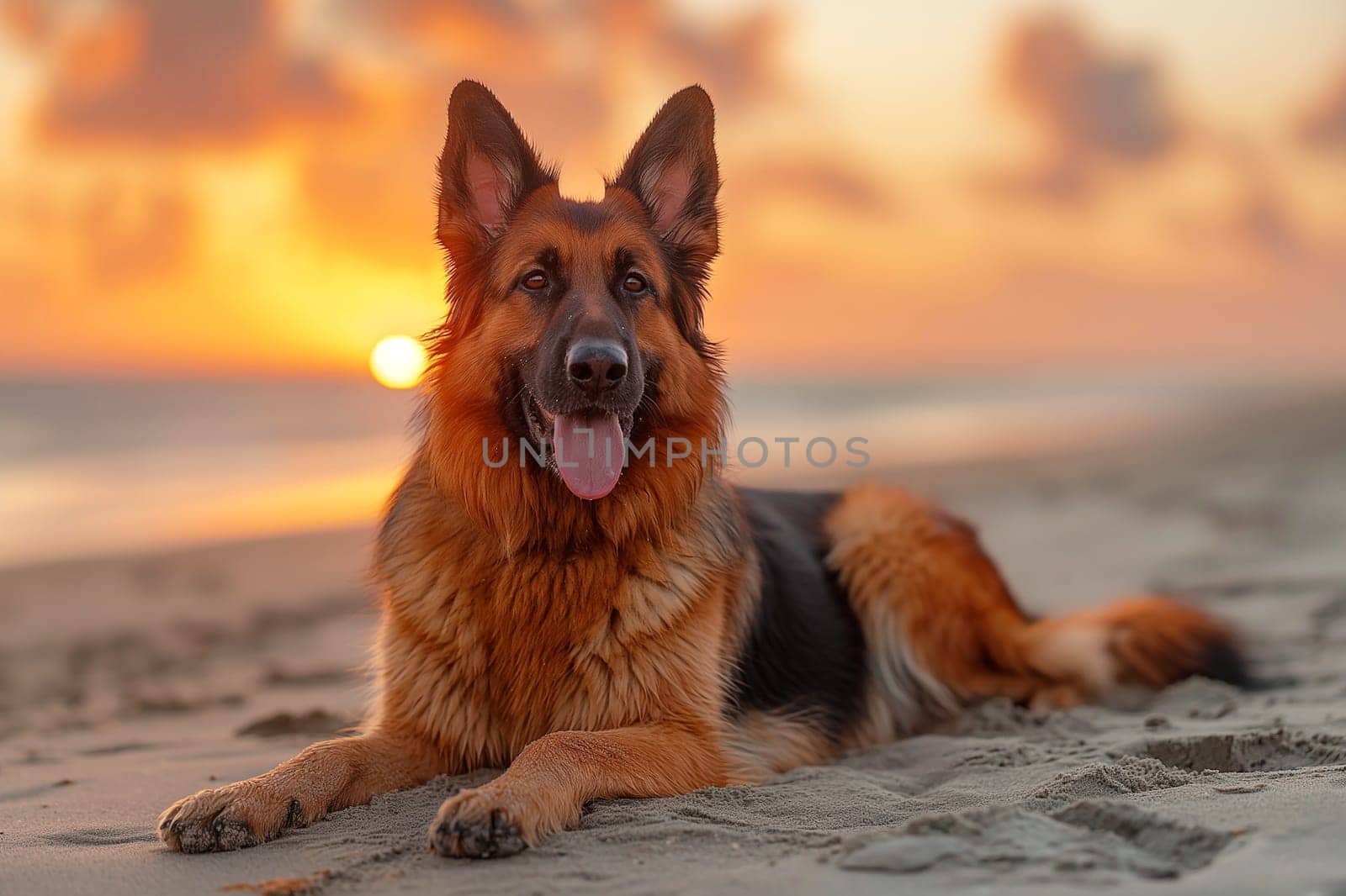 A German shepherd relaxing on the beach during sunset by Hype2art
