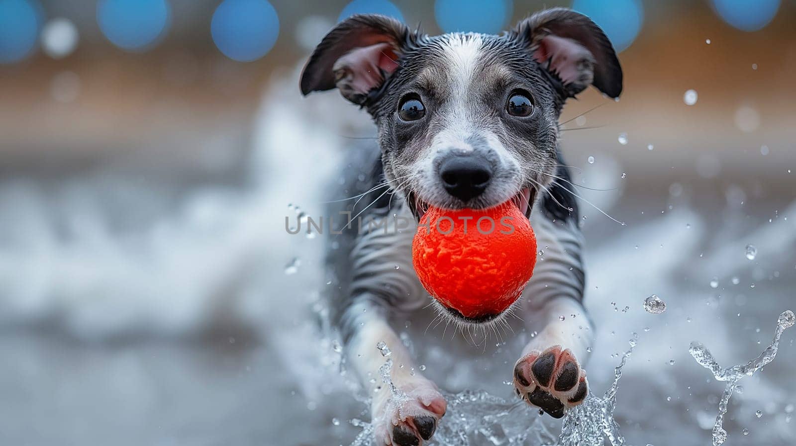 Happy dog at the beach with a ball, playing in the water by Hype2art
