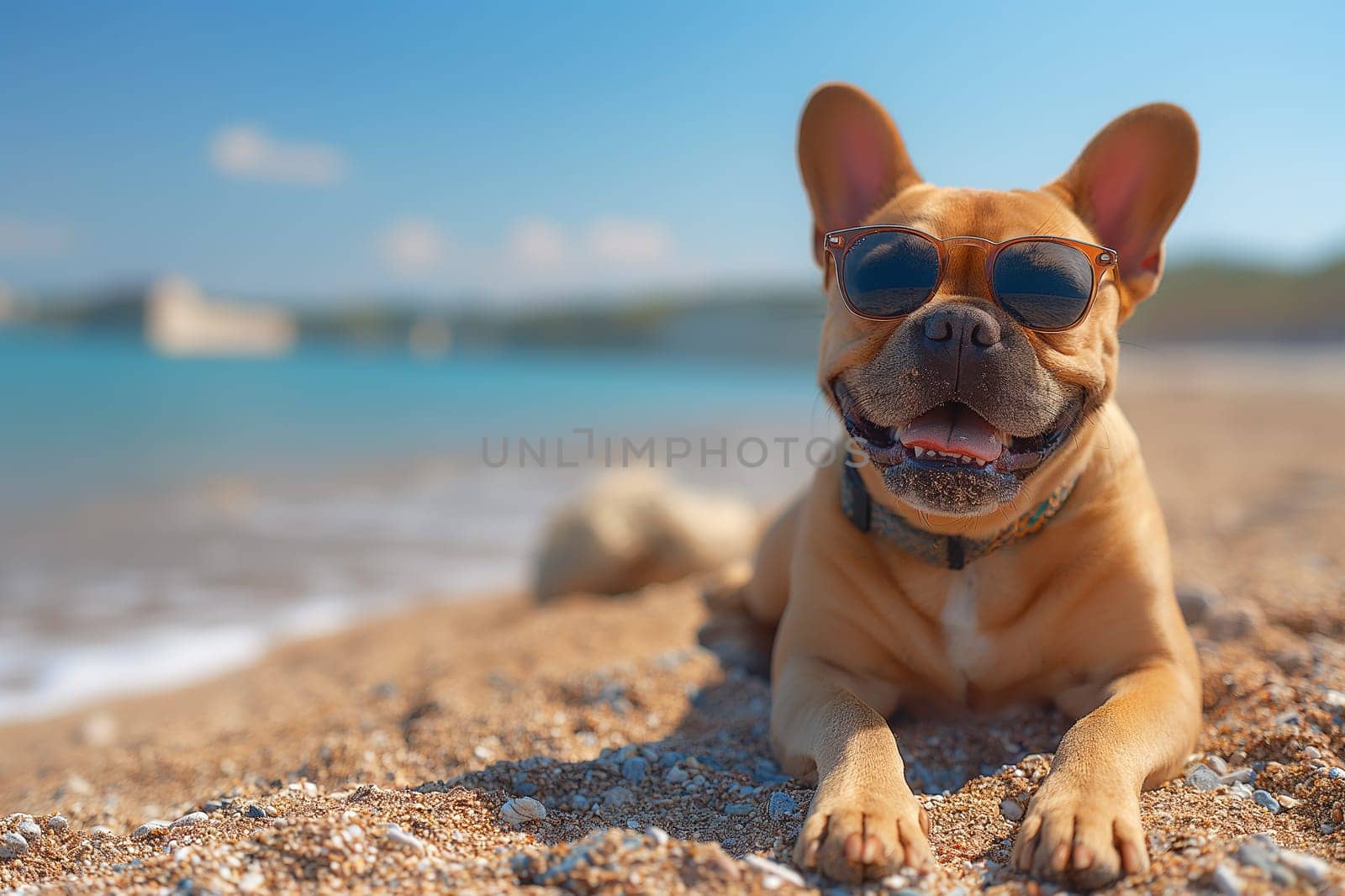 A French Bulldog relaxing with sunglasses on the beach by Hype2art