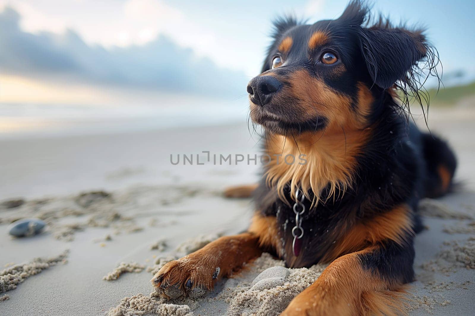 Happy dog enjoying a sunset on the beach