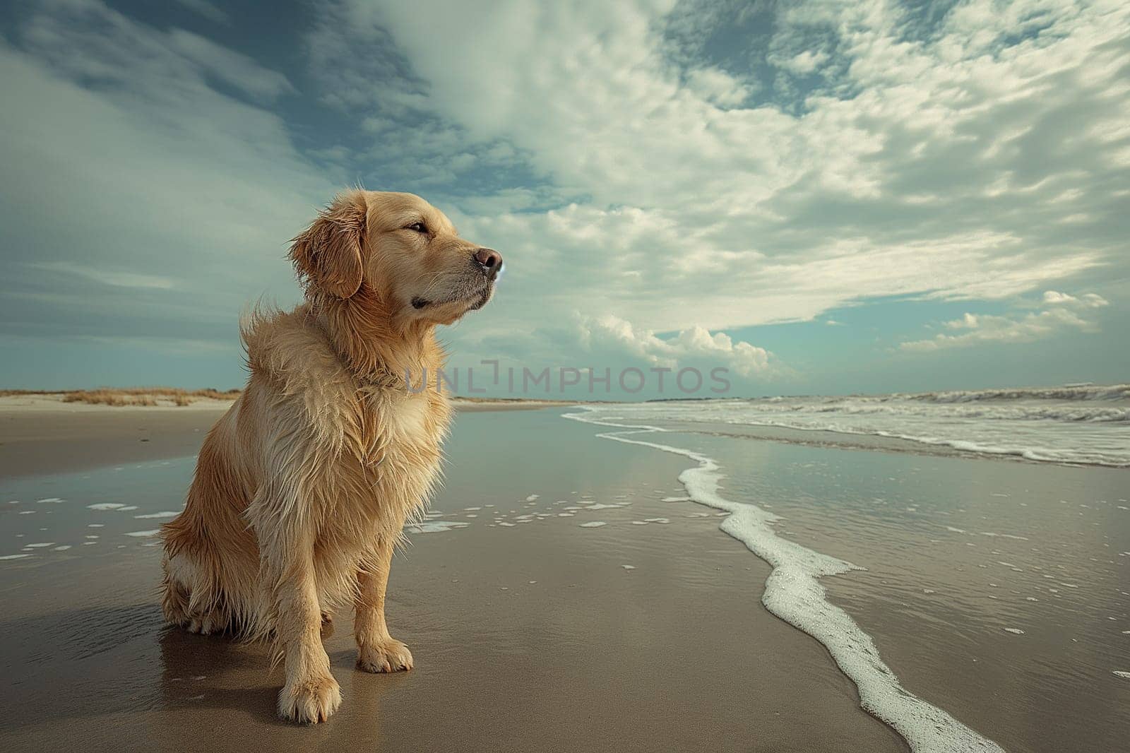 Happy golden retriever on the beach looking at the sea by Hype2art