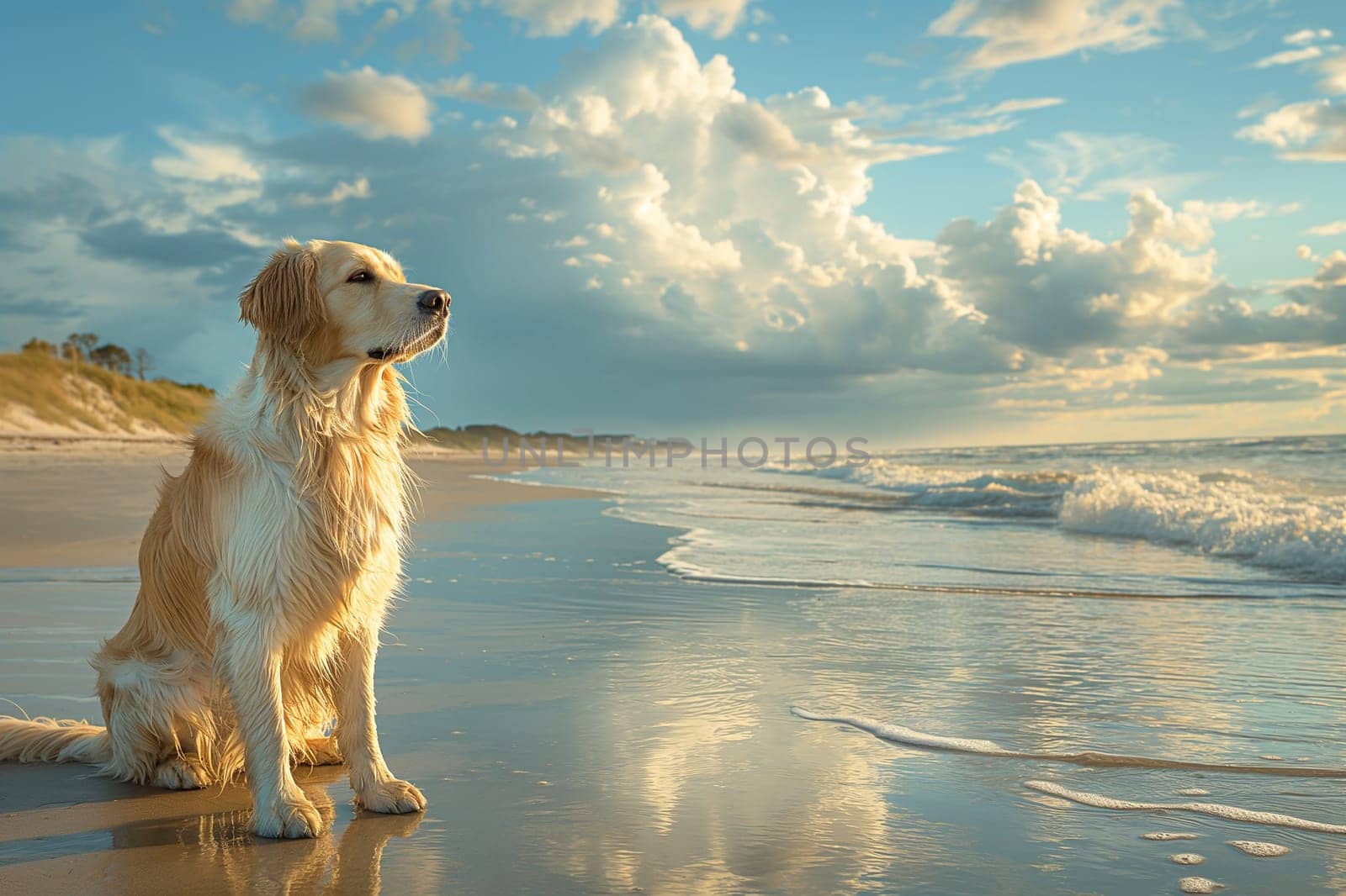 Happy golden retriever on the beach looking at the sea
