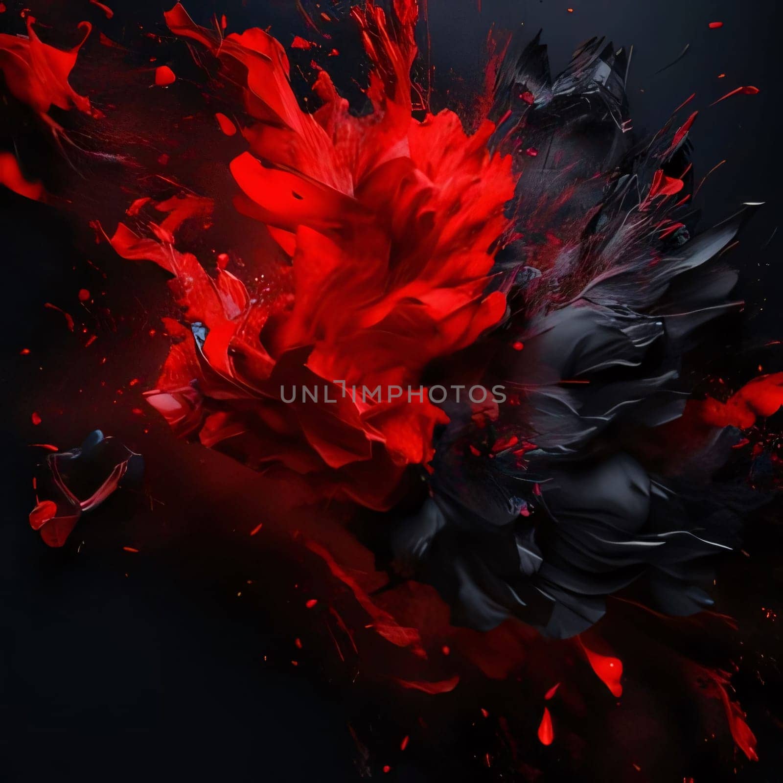 Abstract red and black paint splash isolated on black background. 3d rendering by ThemesS