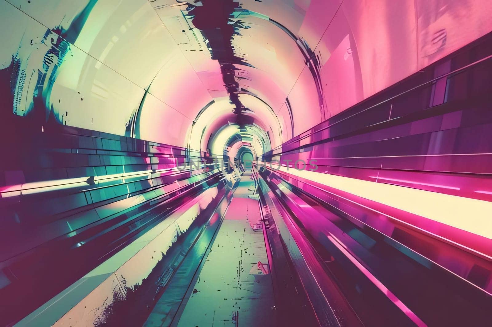 Abstract background design: Futuristic corridor with neon lights and reflections. 3d rendering