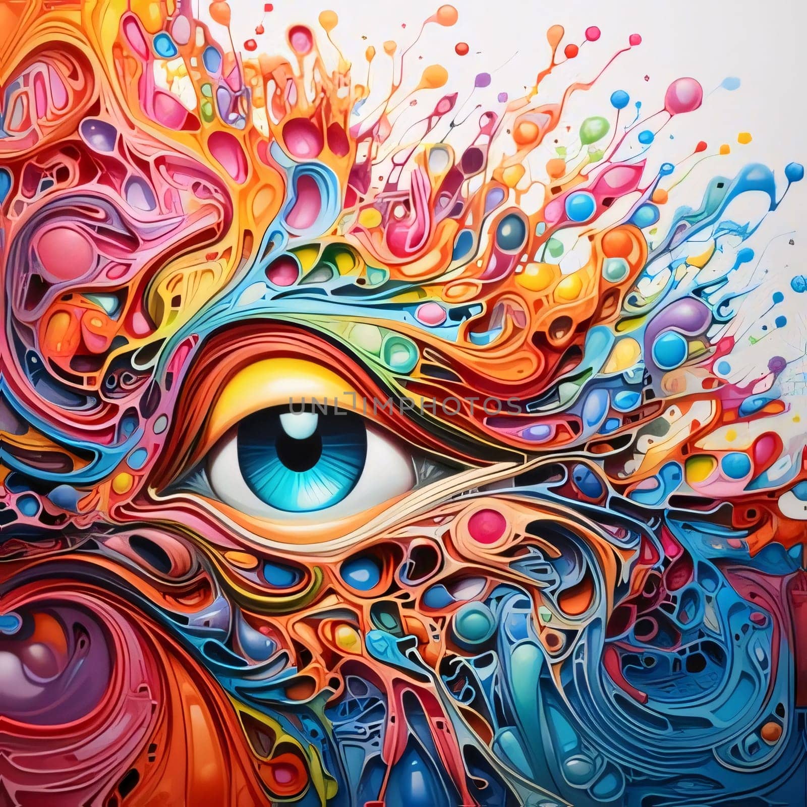 Abstract background design: Fantasy eyes with colorful paint splashes. 3d illustration.