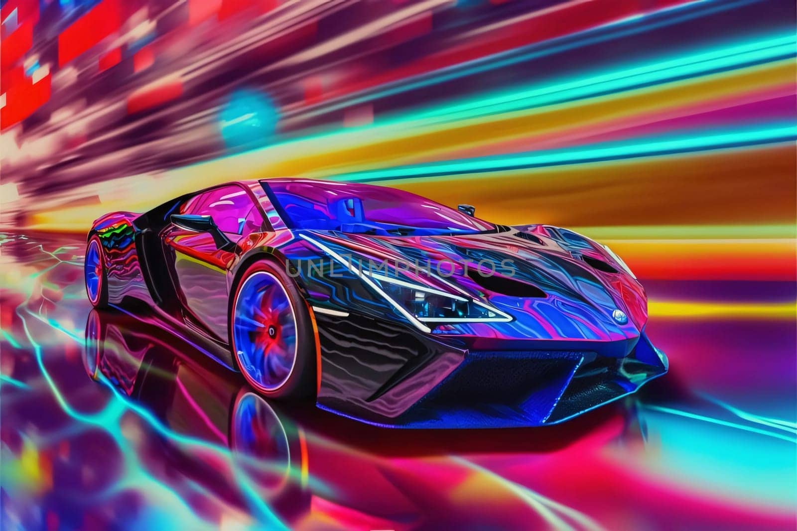 Abstract background design: 3D rendering of a brand-less generic concept car in neon light