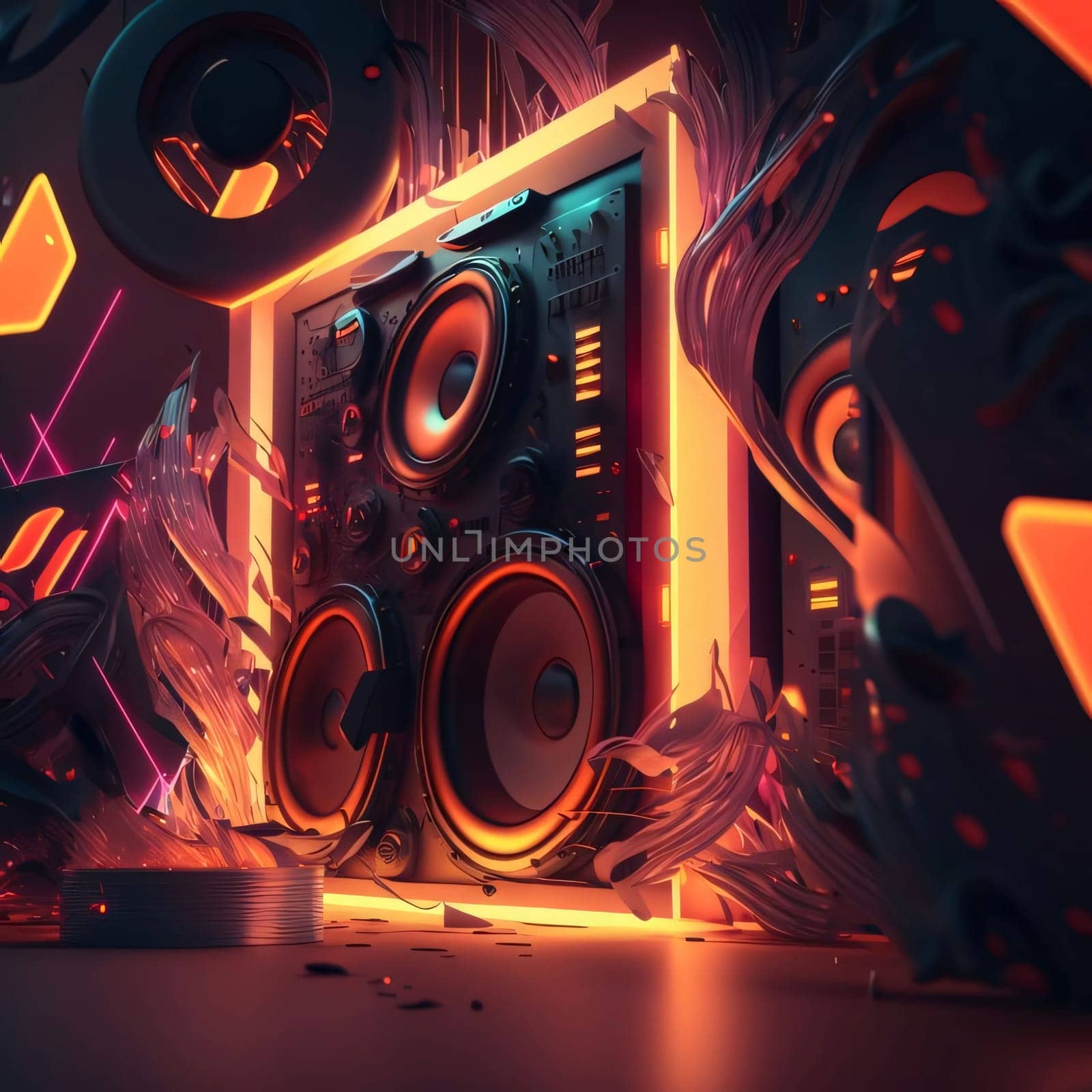 3d rendering of a stereo system in neon light. 3d illustration. by ThemesS