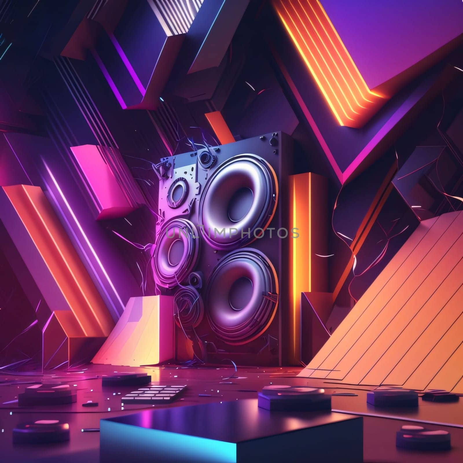 3d render, abstract techno background with speakers, neon lights and cubes by ThemesS