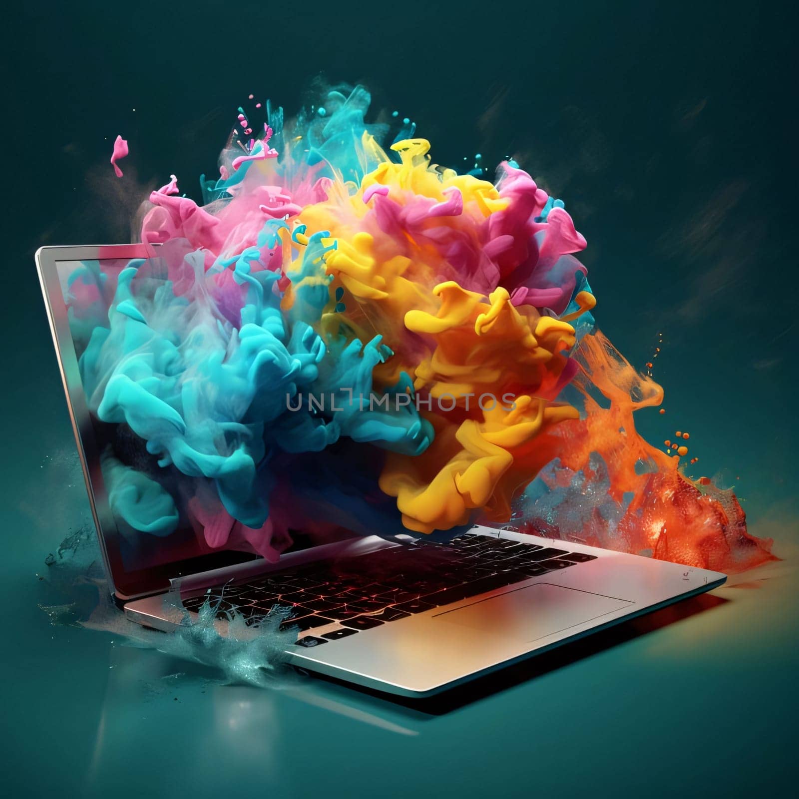 Laptop with colorful paint splashing out of it isolated on dark background by ThemesS