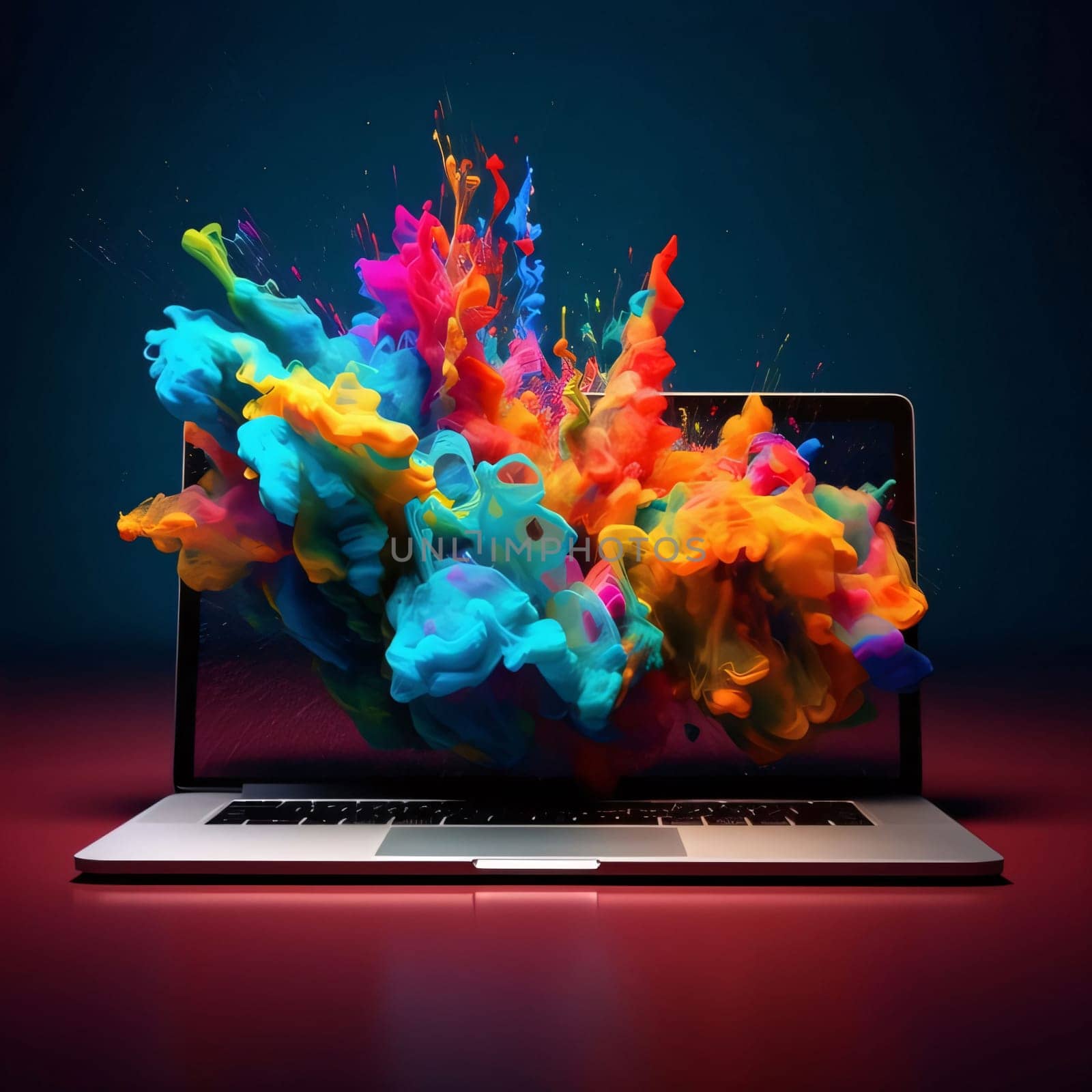 Modern laptop with colorful paint splashes on dark background. 3D rendering by ThemesS
