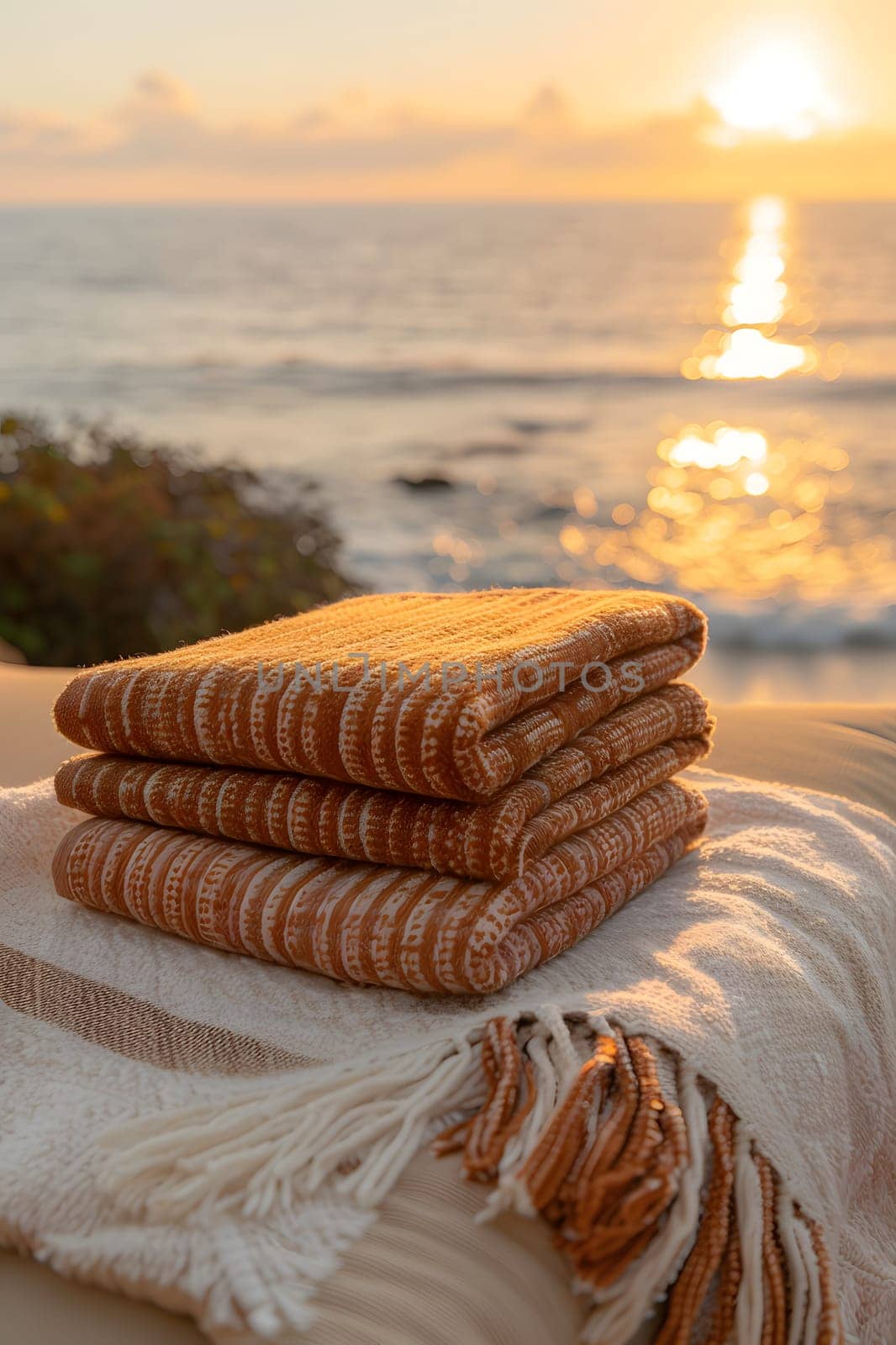A stack of towels resembling fluffy clouds on a beach at sunset, creating a picturesque landscape against the horizon with the sky painted in warm hues
