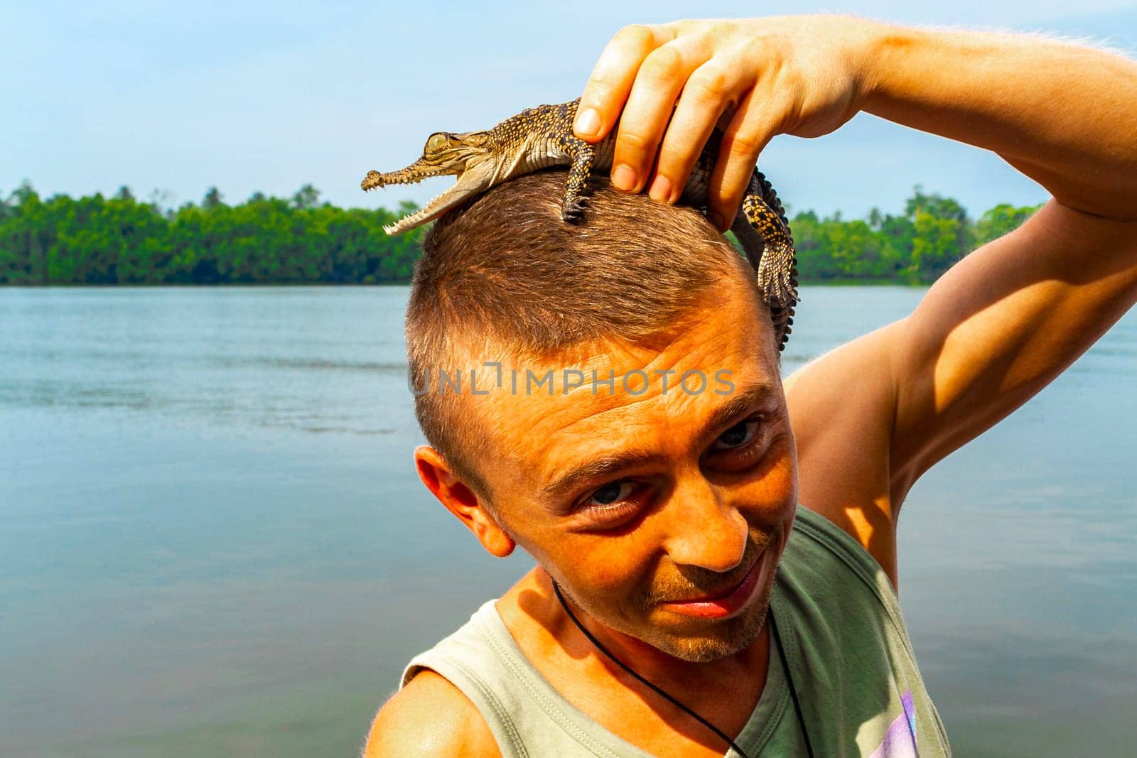 Man tourist with baby crocodile alligator Sri Lanka. by Arkadij