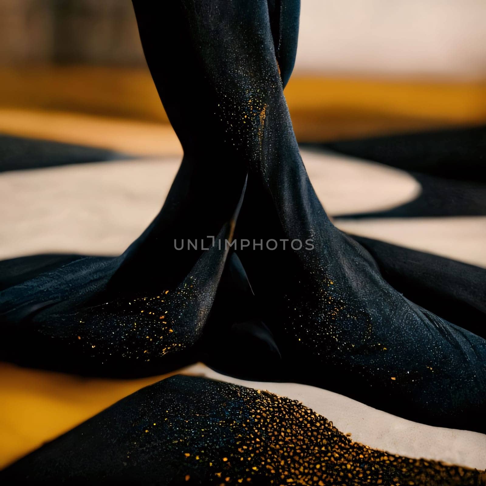 Abstract background design: Feet of a woman in black stockings on a yellow background