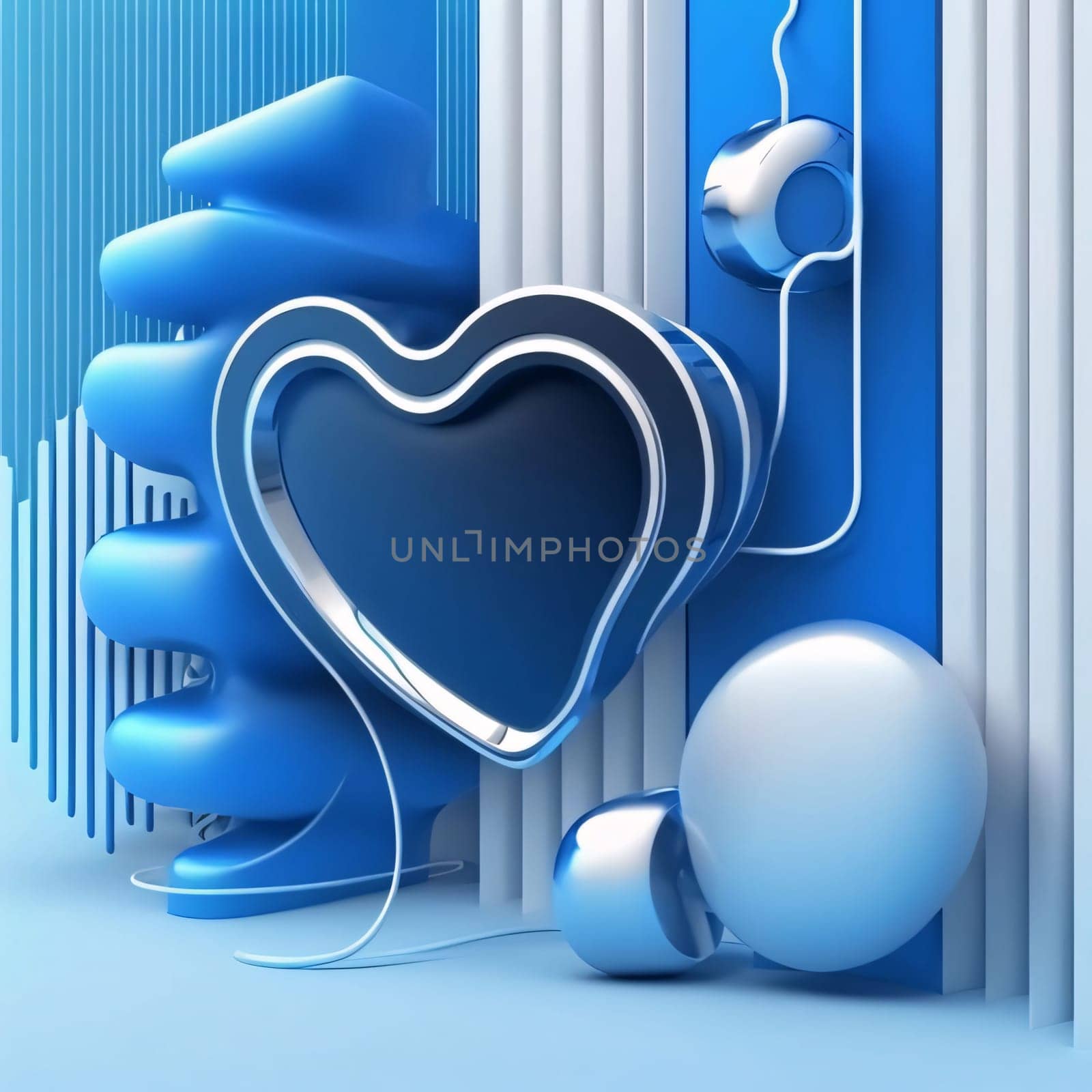 Blue 3d heart with abstract geometric shapes on blue background. 3d render by ThemesS