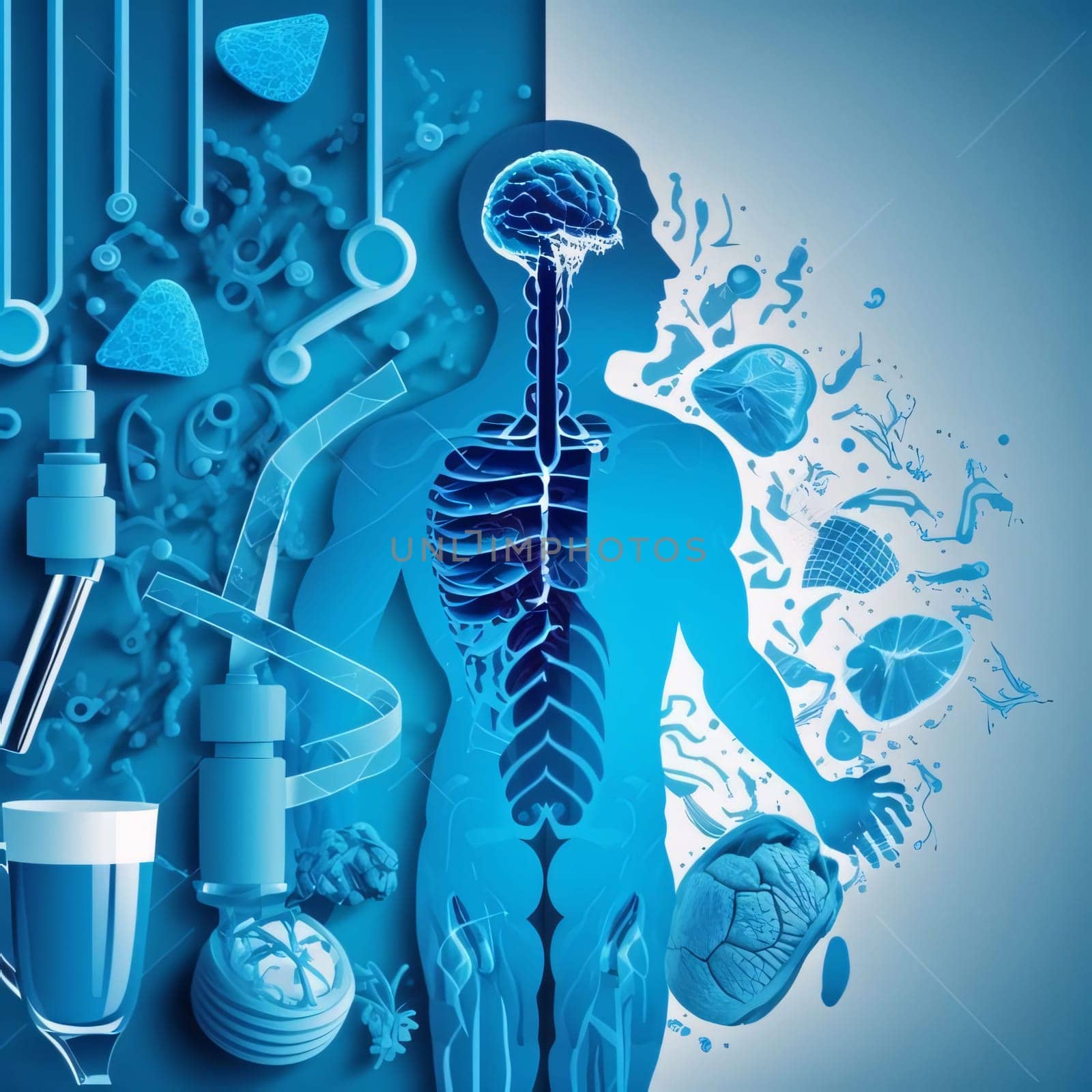 Human anatomy in blue background. 3d illustration. Medical concept. by ThemesS
