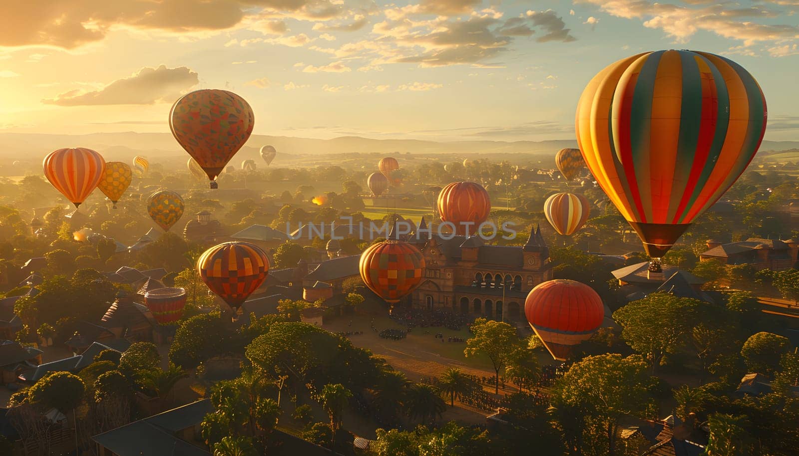 Hot air balloons soar over the city at sunset in a picturesque sky by Nadtochiy