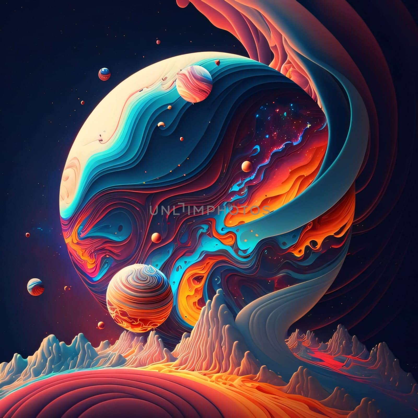 Abstract background with planet in space. 3D rendering. Computer digital drawing. by ThemesS