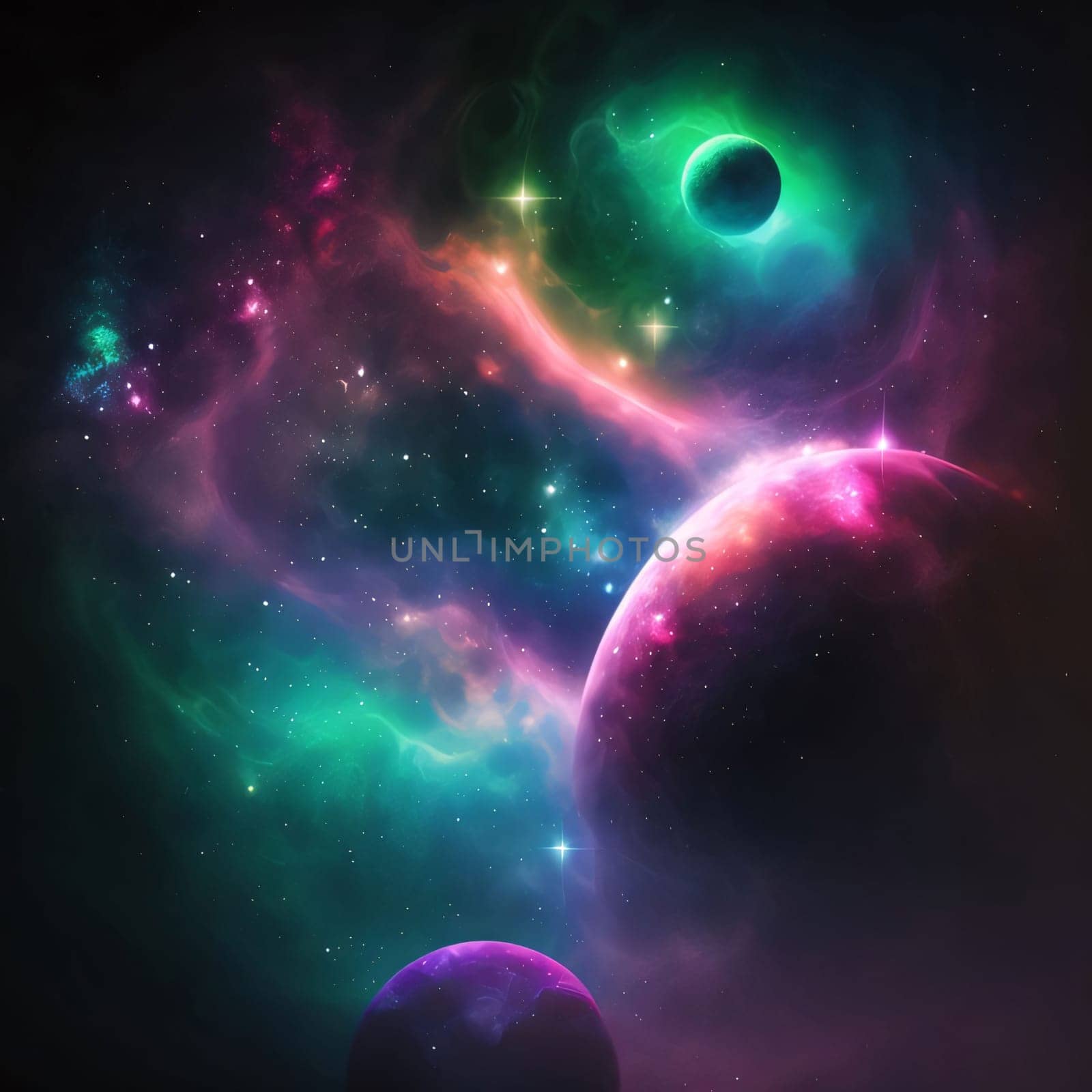 Abstract space background with planets, stars and nebula. 3D rendering by ThemesS