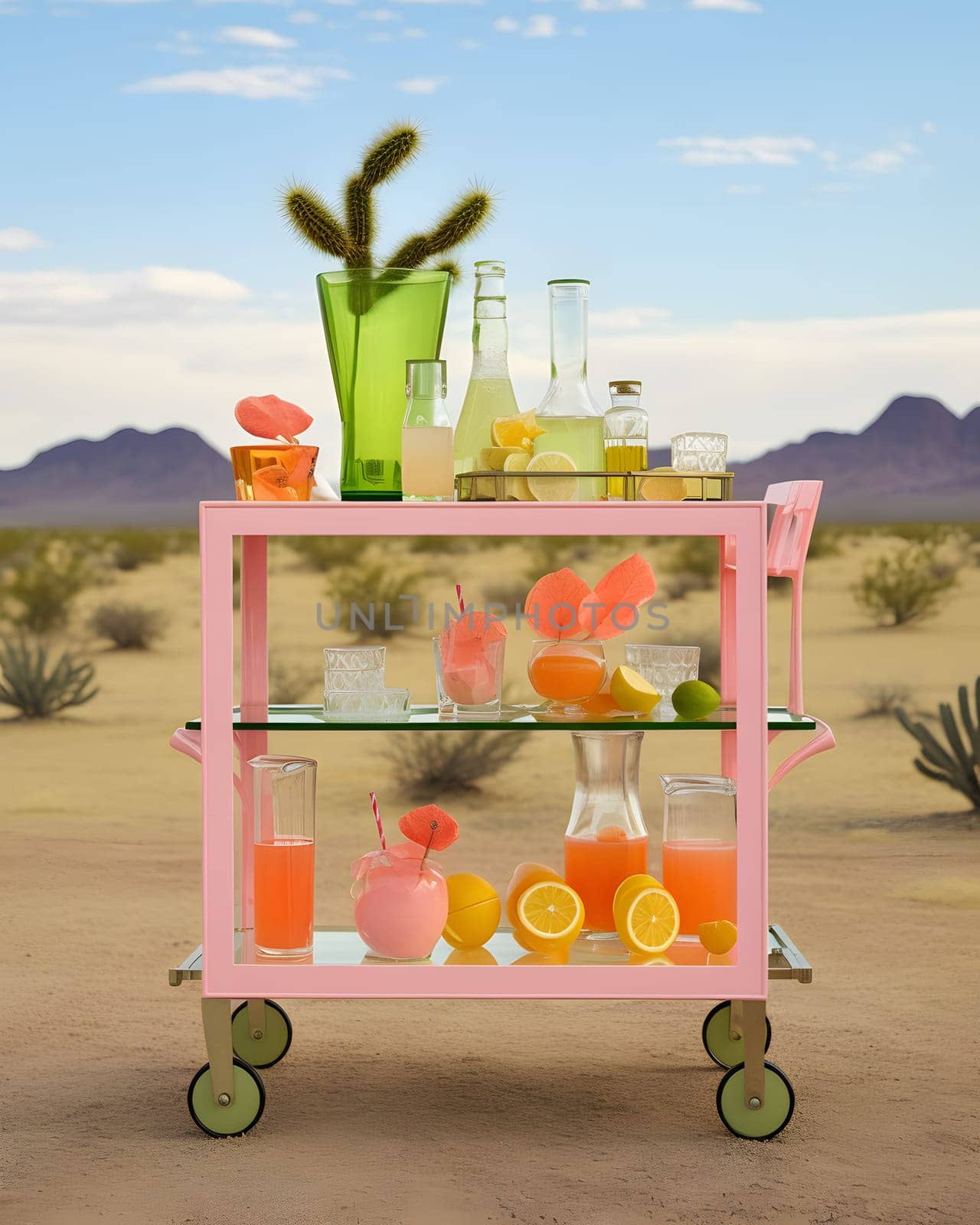 In this captivating photo, a beautifully crafted cocktail bar cart, reminiscent of Gerrit Rietvelds artistic style, stands amidst the vast desert landscape. Dressed in an eye-catching pink hue, the cart exudes a sense of whimsical elegance. Overflowing with a variety of enticing beverages, it offers a respite from the desert heat, inviting viewers to indulge in a taste of paradise.