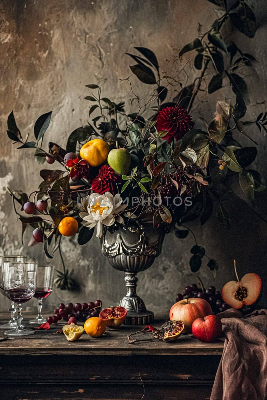 Classic floral still life fine art print, composition with rich arrangement of flowers and fresh fruits and a glass of wine, accented by lush vintage florals, English countryside art style by Anneleven