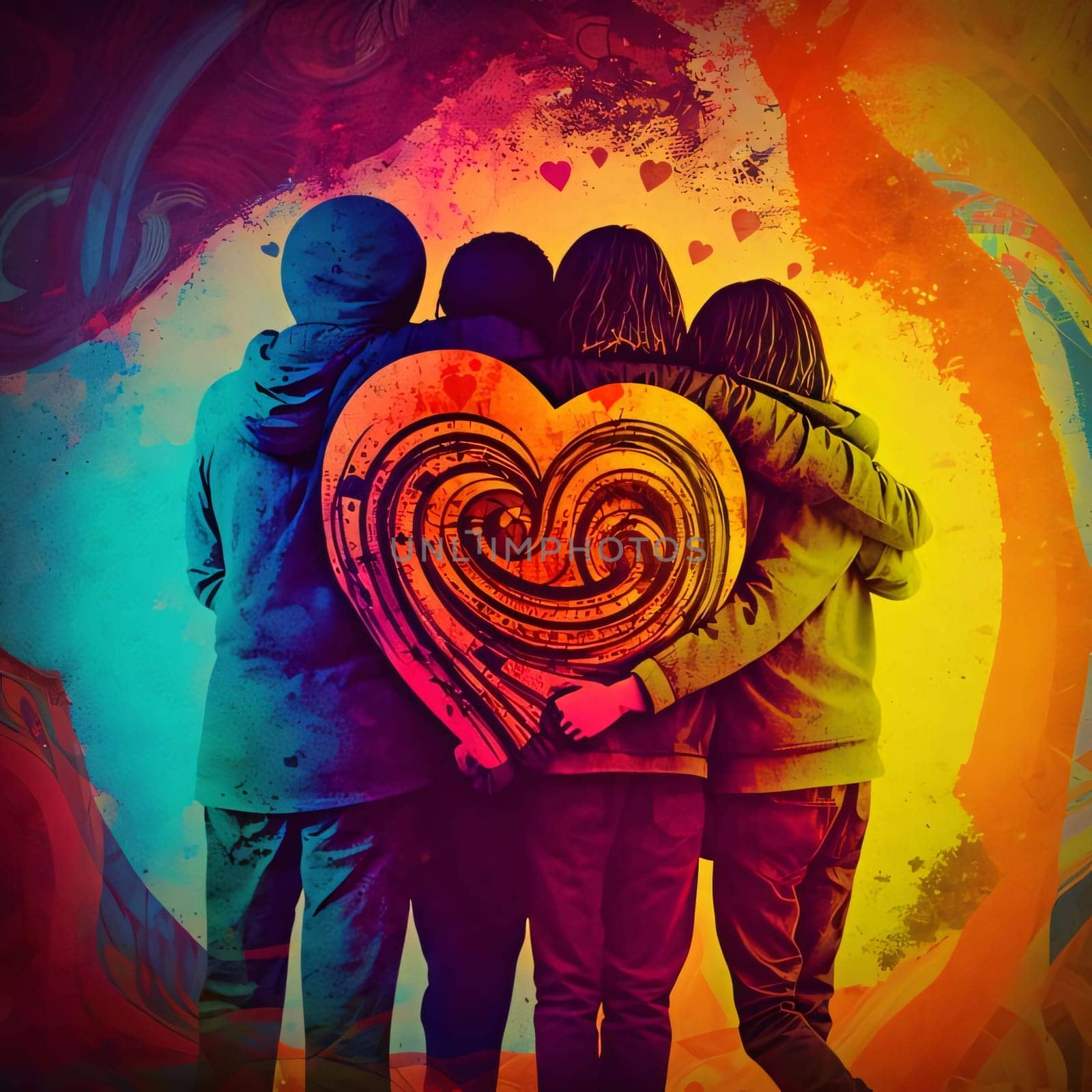 Family of three with heart on abstract colorful background. Double exposure. by ThemesS