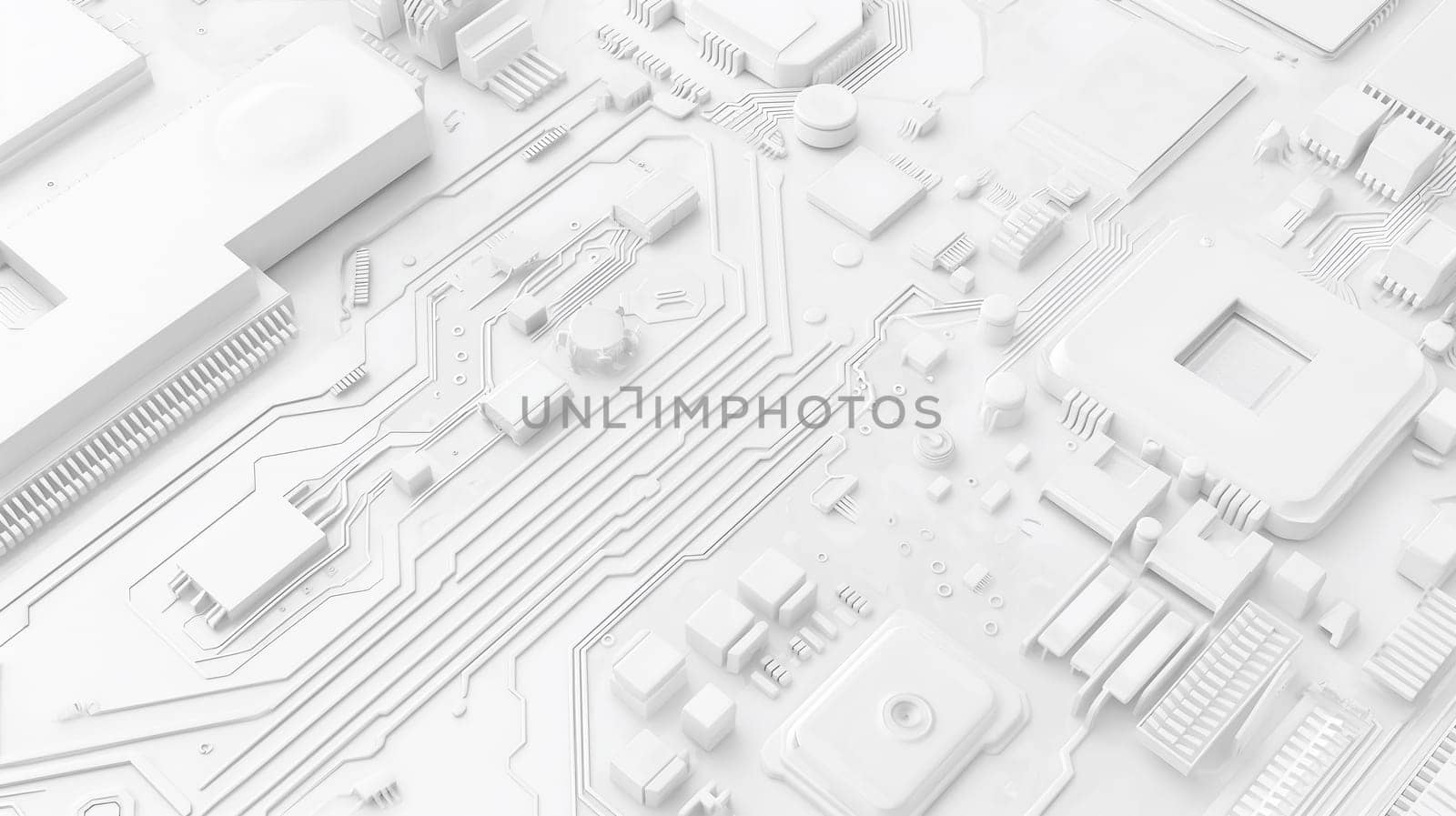 A close view highlighting the intricate design of a monochrome circuit board with an emphasis on the textures and patterns formed by the electronic components - Generative AI