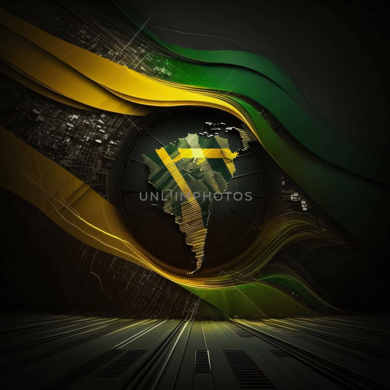 Brazil map flag in futuristic technology style on dark background. Vector illustration by ThemesS