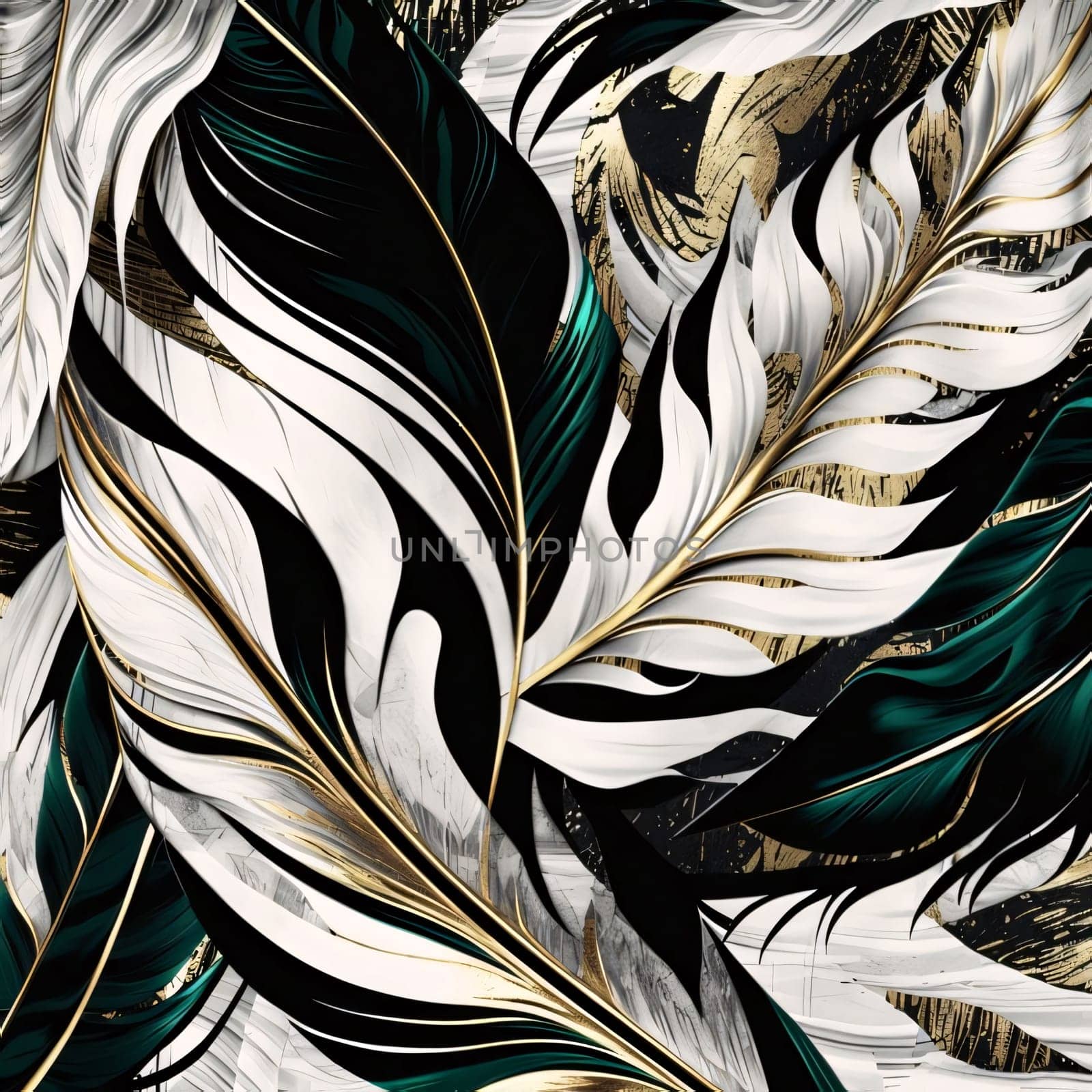 Abstract background design: Seamless fractal pattern with gold and silver feathers. Computer generated graphics.