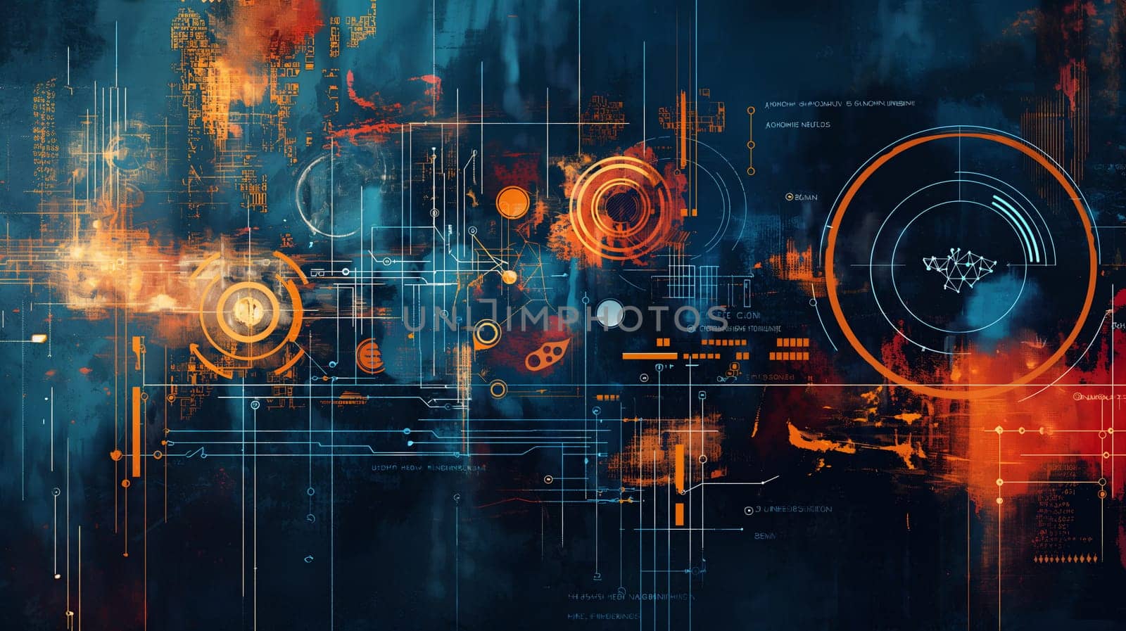 Geometric shapes intersect in an abstract futuristic background featuring circles and lines in a dynamic and structured arrangement - Technology concept - Generative AI