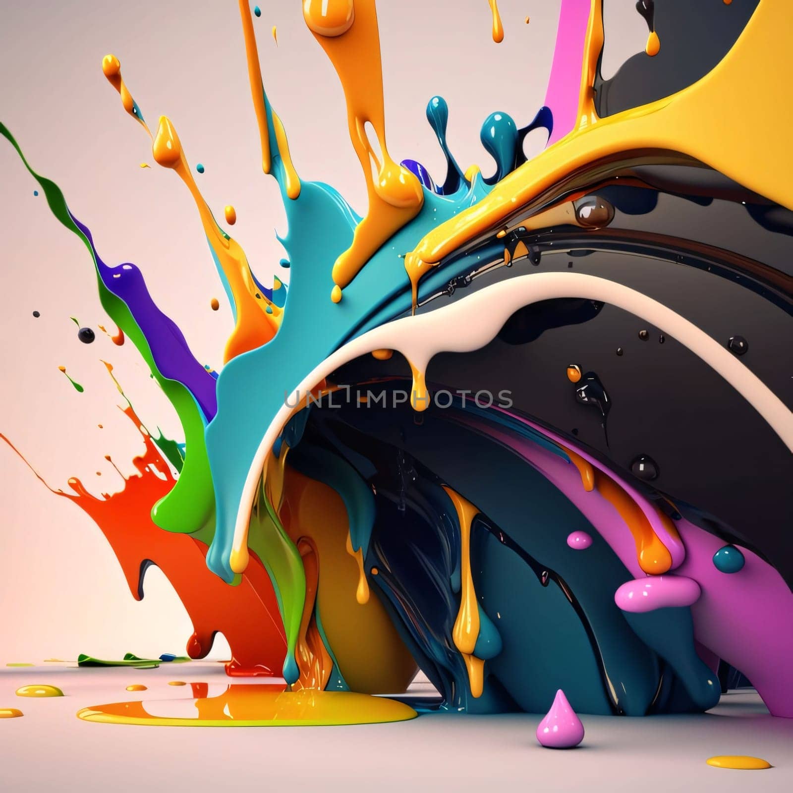 Abstract background design: 3d render of colorful paint splashing on a white background.